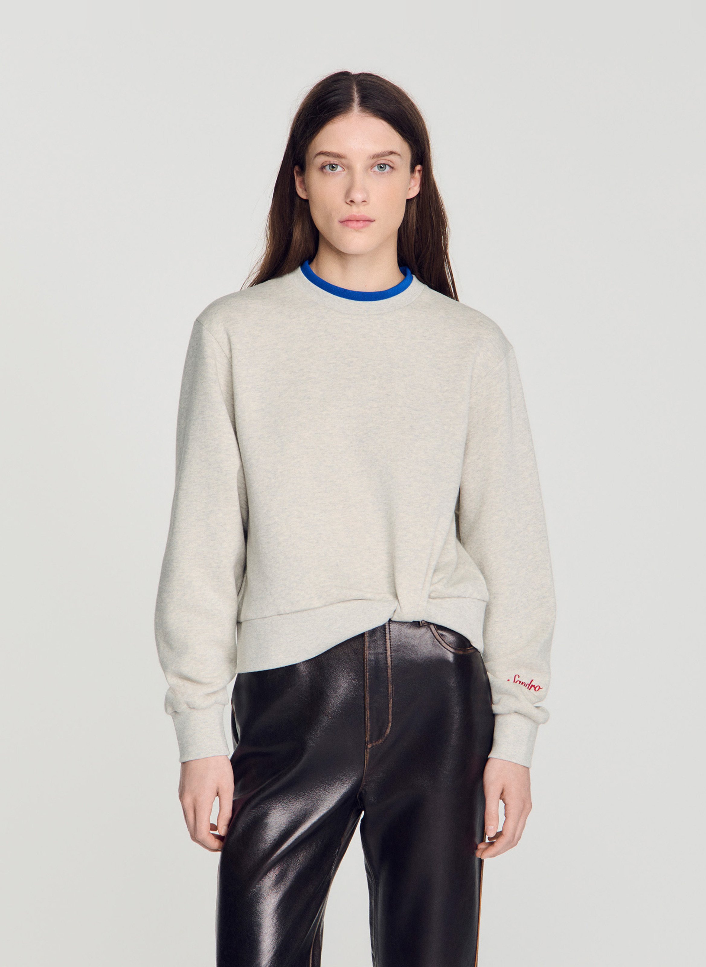 Sweat col rond uni en coton SANDRO Gris