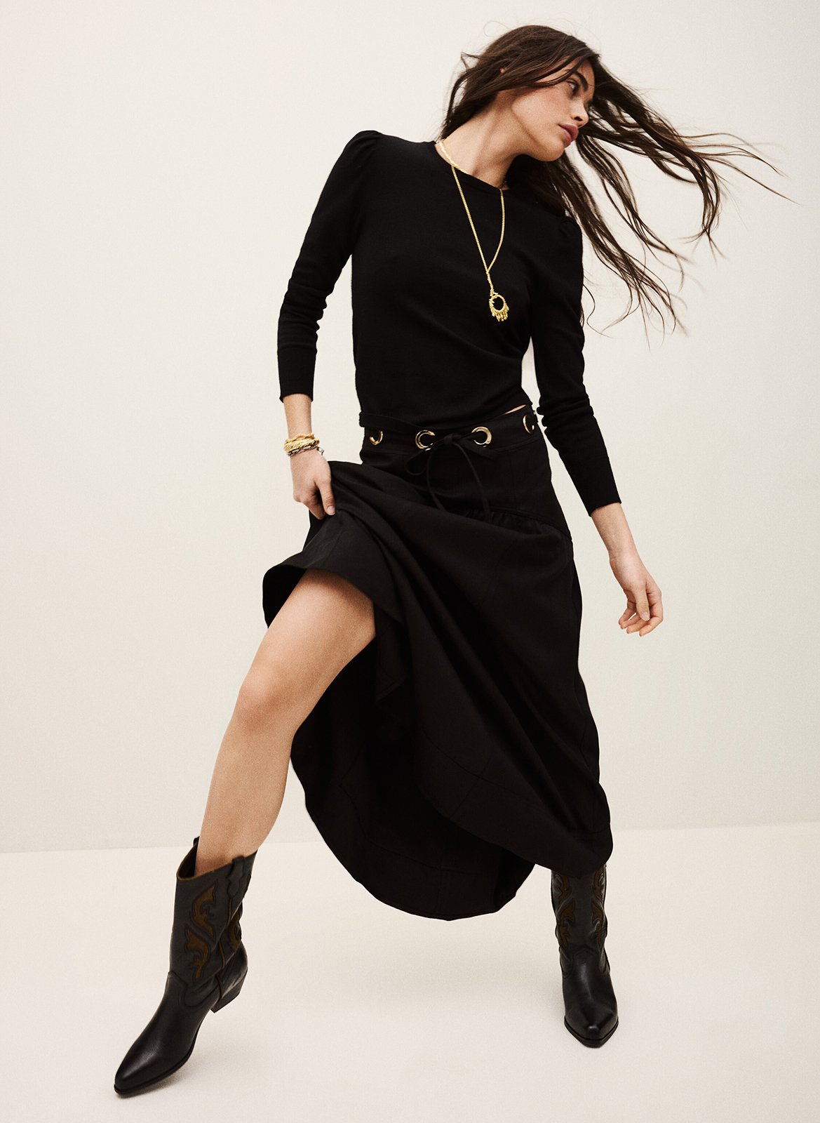 Jupe longue évasée unie à œillets ponia BA&SH Noir