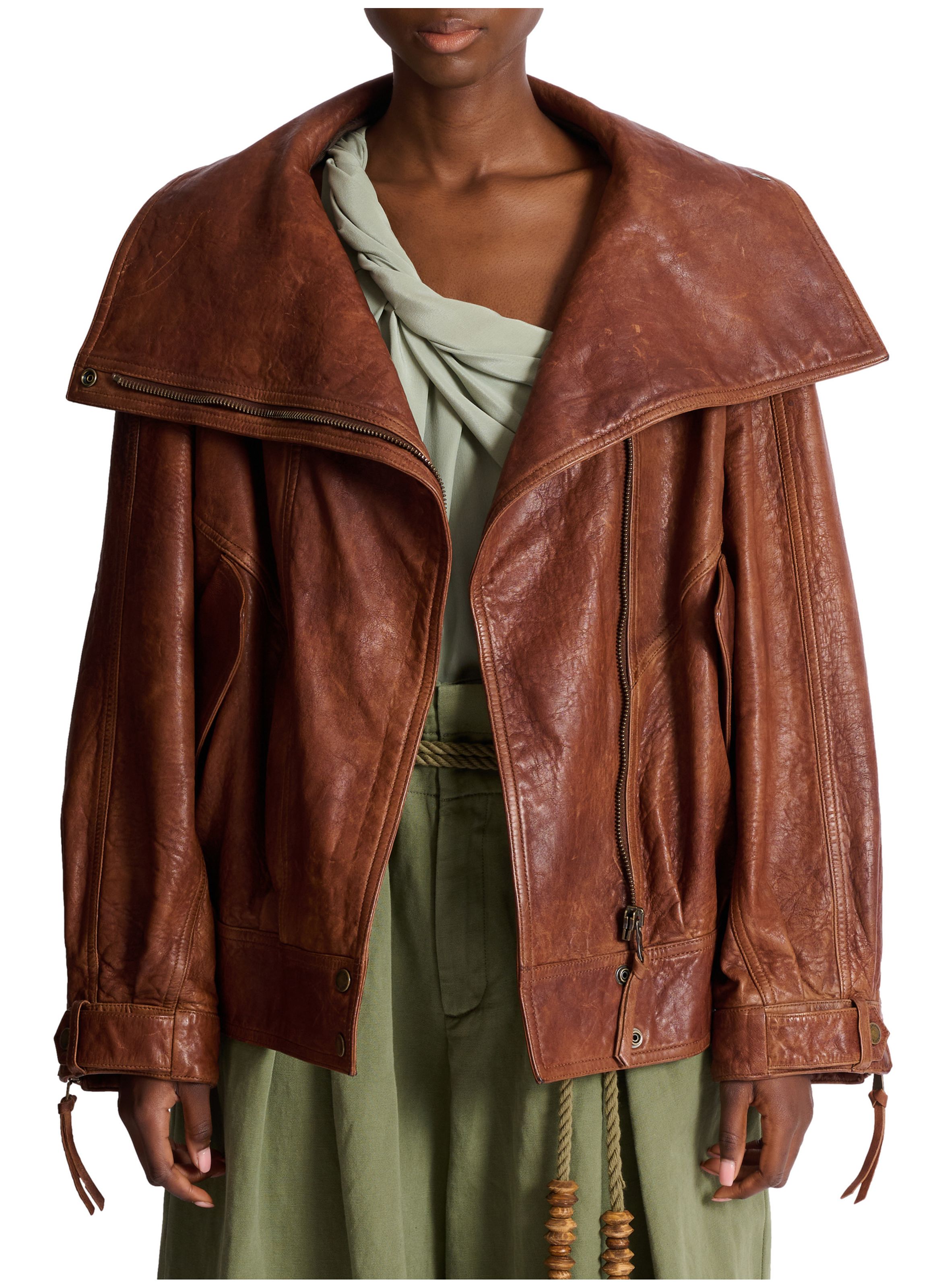 Bomber en cuir d’agneau BALMAIN Marron