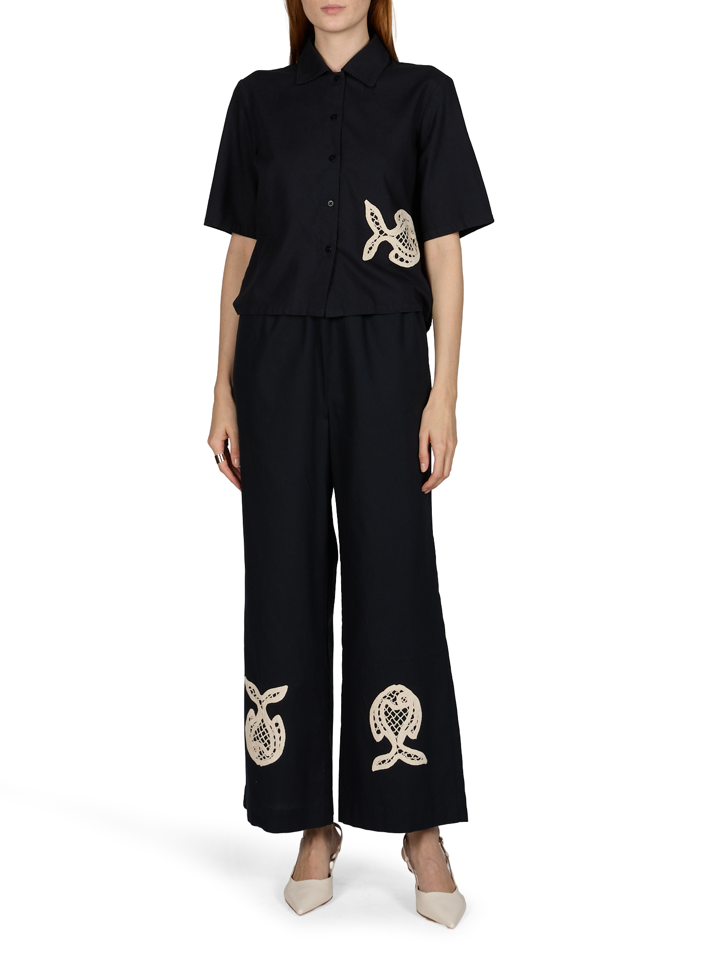 Chemise manches courtes brodée en coton THINKING MU Bleu