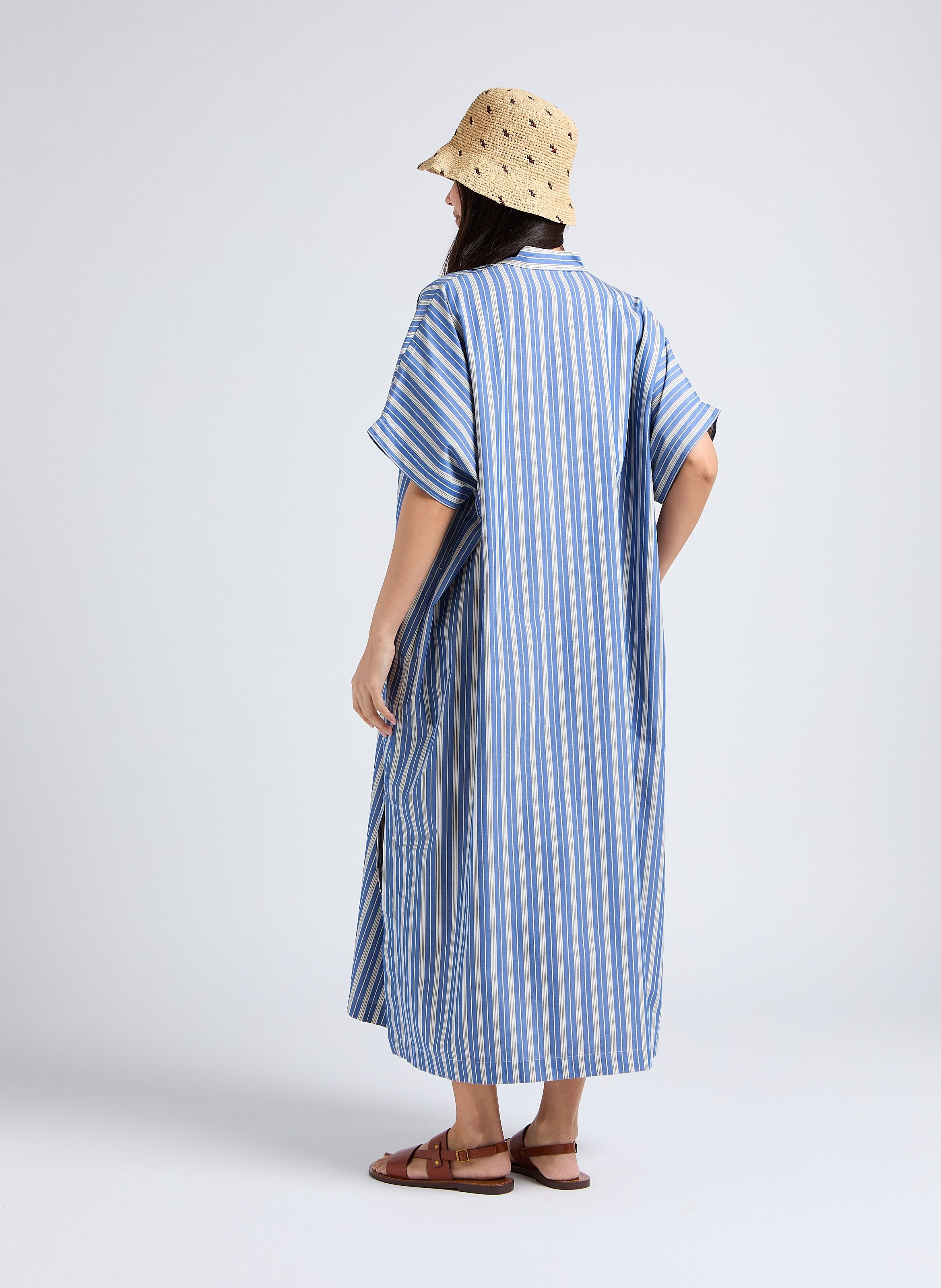 Robe Longue Femme En Coton Rayé - Manches Longues, Col V, Coupe Chemise Ample, Pour L'Été