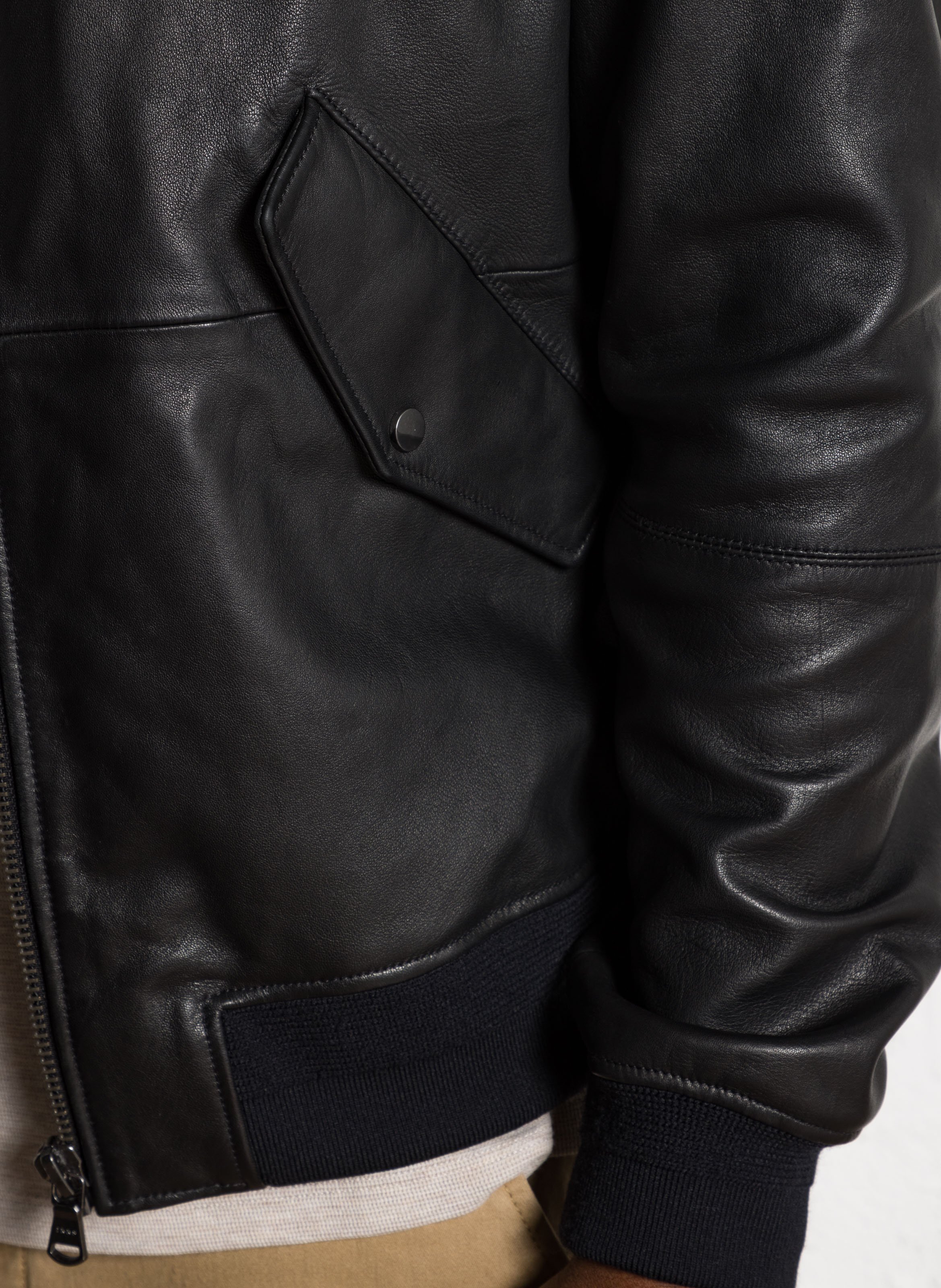 Blouson droit col officier en cuir IKKS Noir