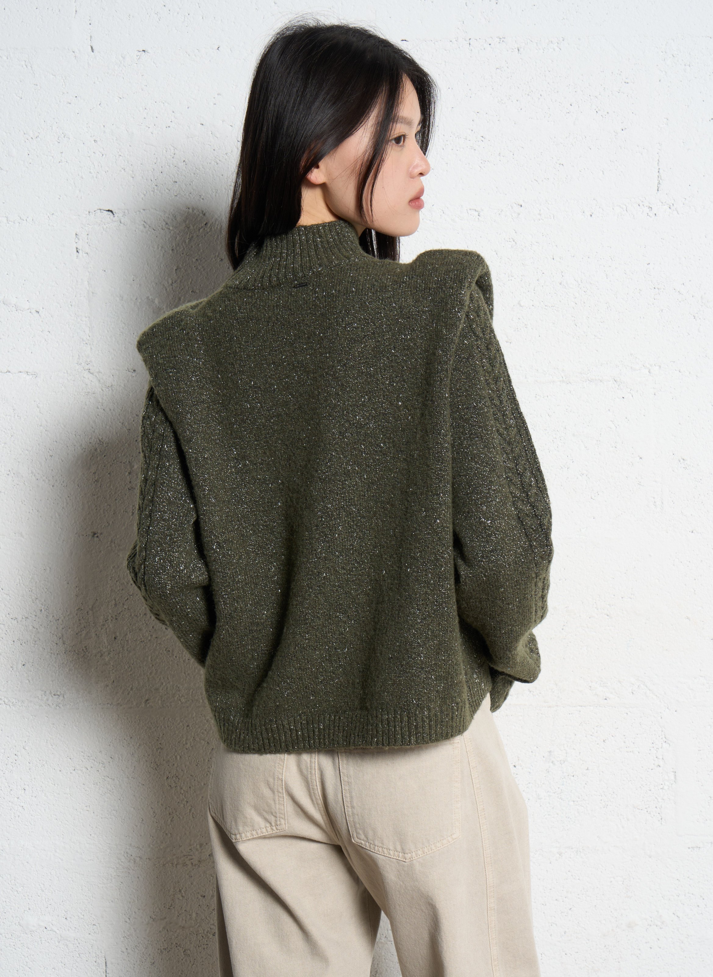 Pull court tressé à détails métallisés IKKS Kaki