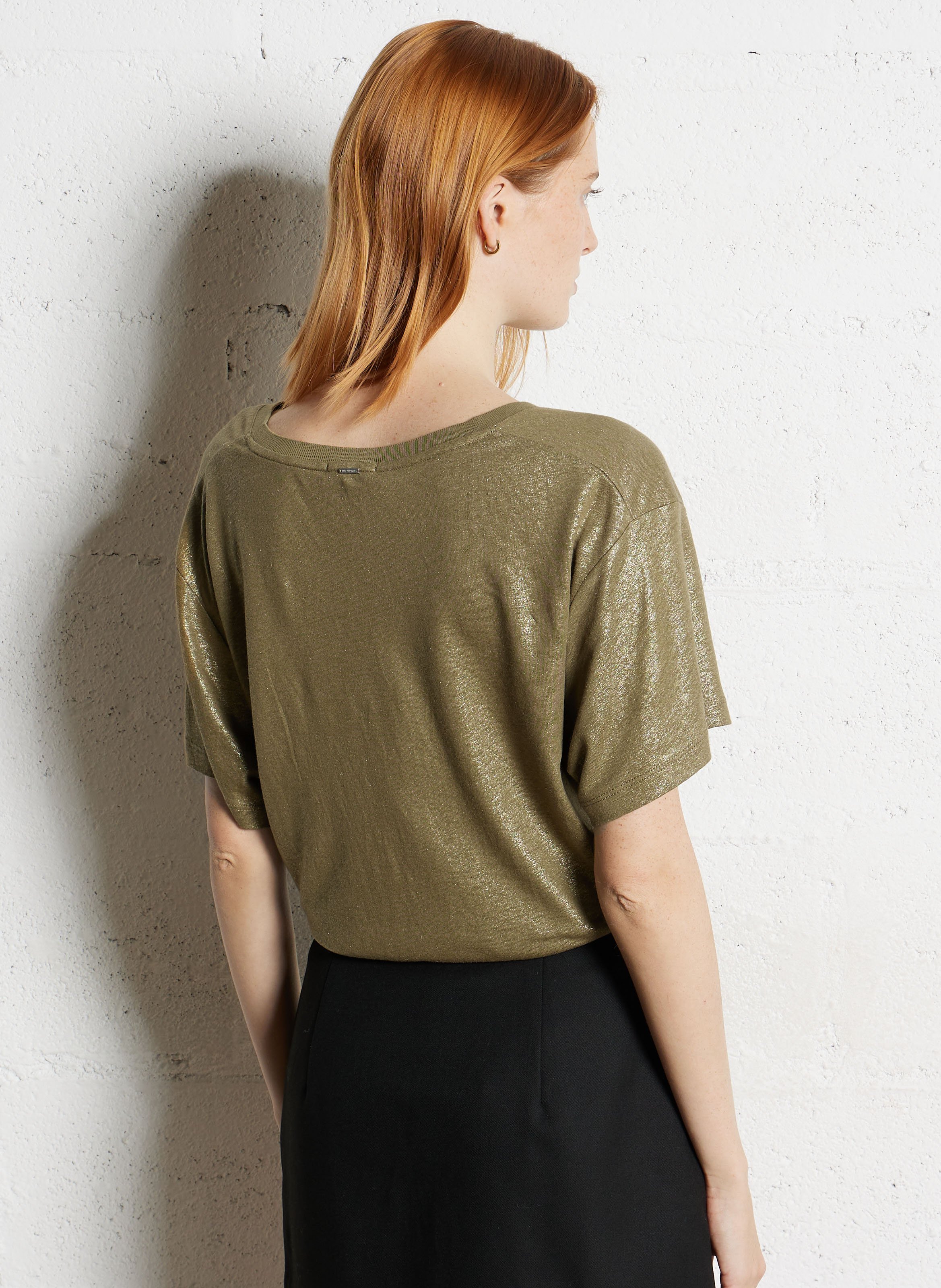 Tee-shirt col v irisé en lin mélangé IKKS Kaki