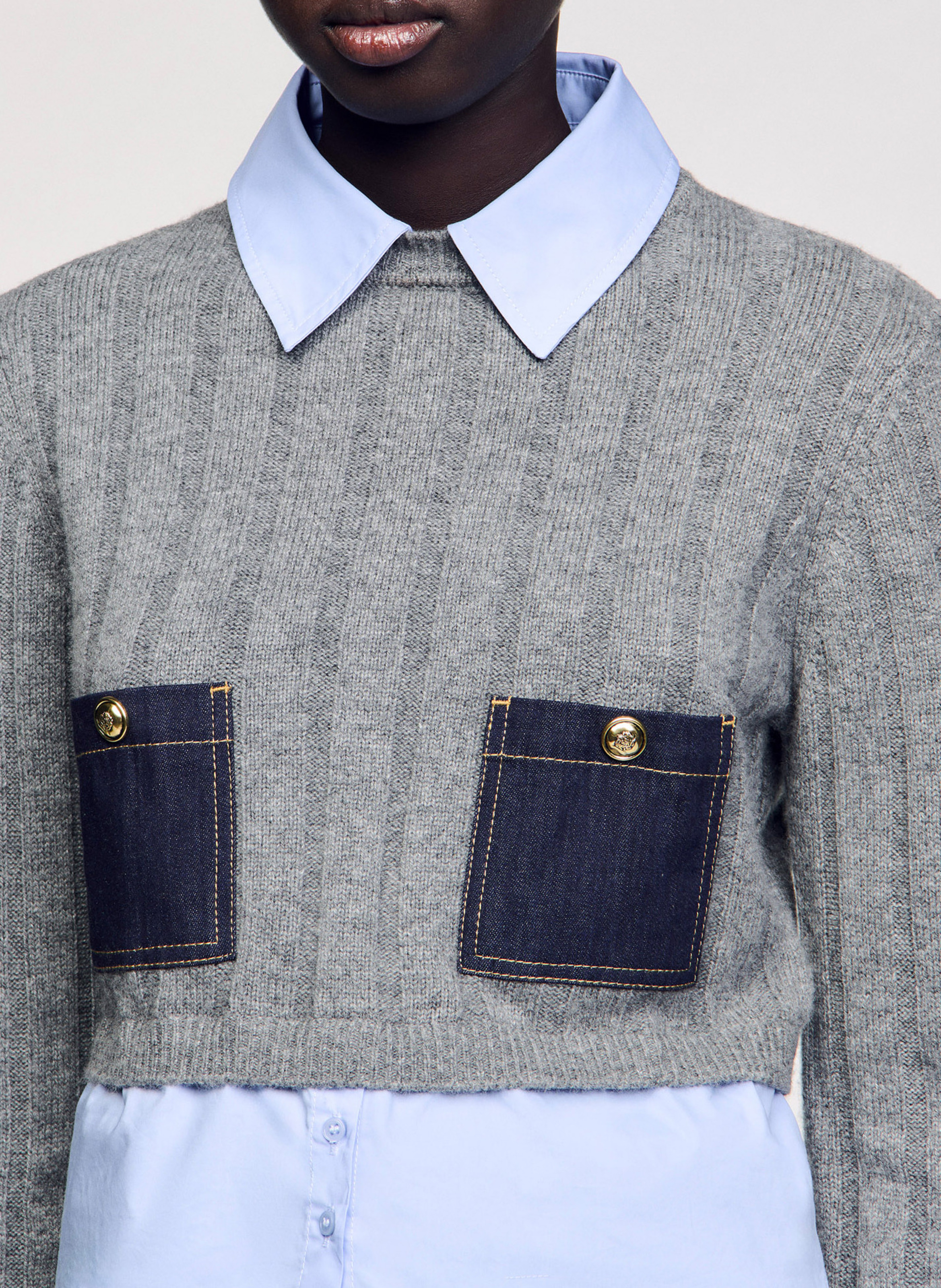 Pull col classique droit en laine et cachemire SANDRO Gris