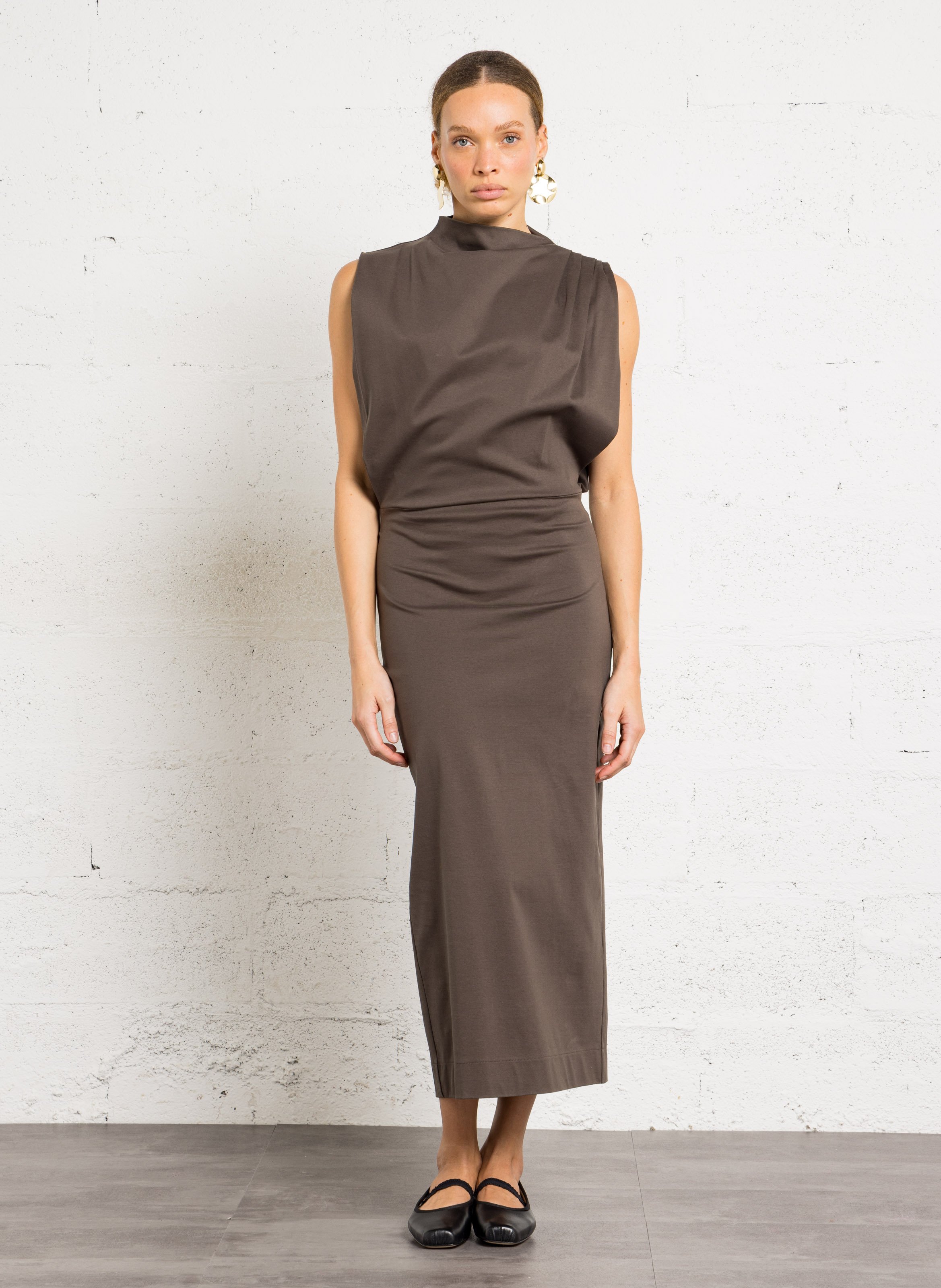 Robe longue col montant en coton gemma SOEUR Marron