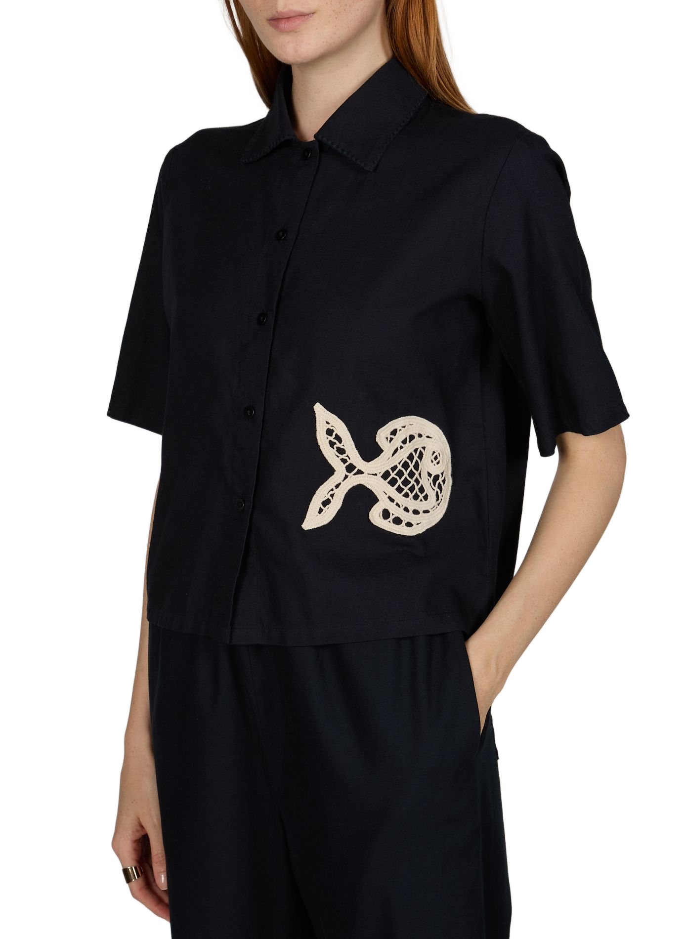 Chemise manches courtes brodée en coton THINKING MU Bleu