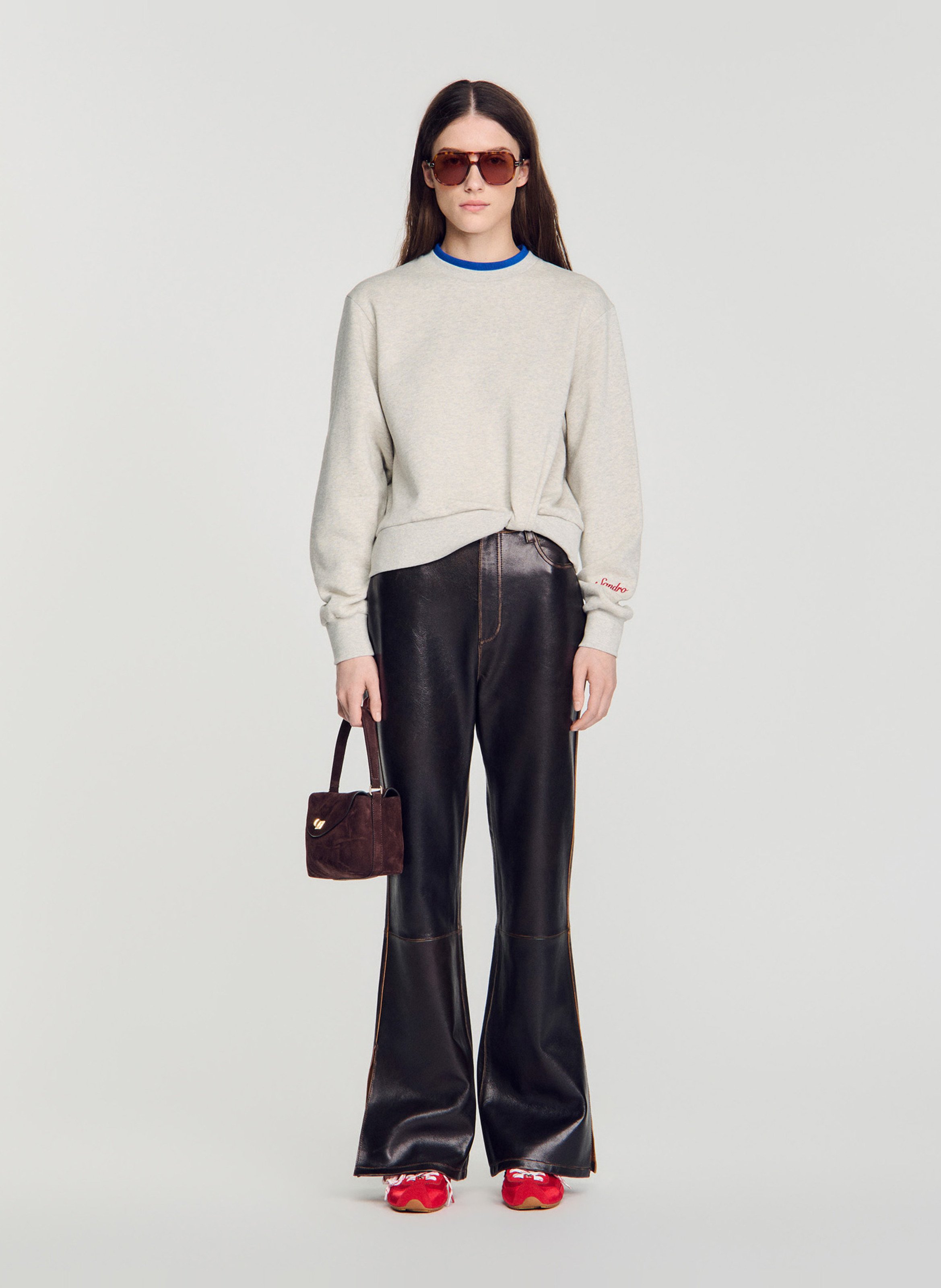 Sweat col rond uni en coton SANDRO Gris