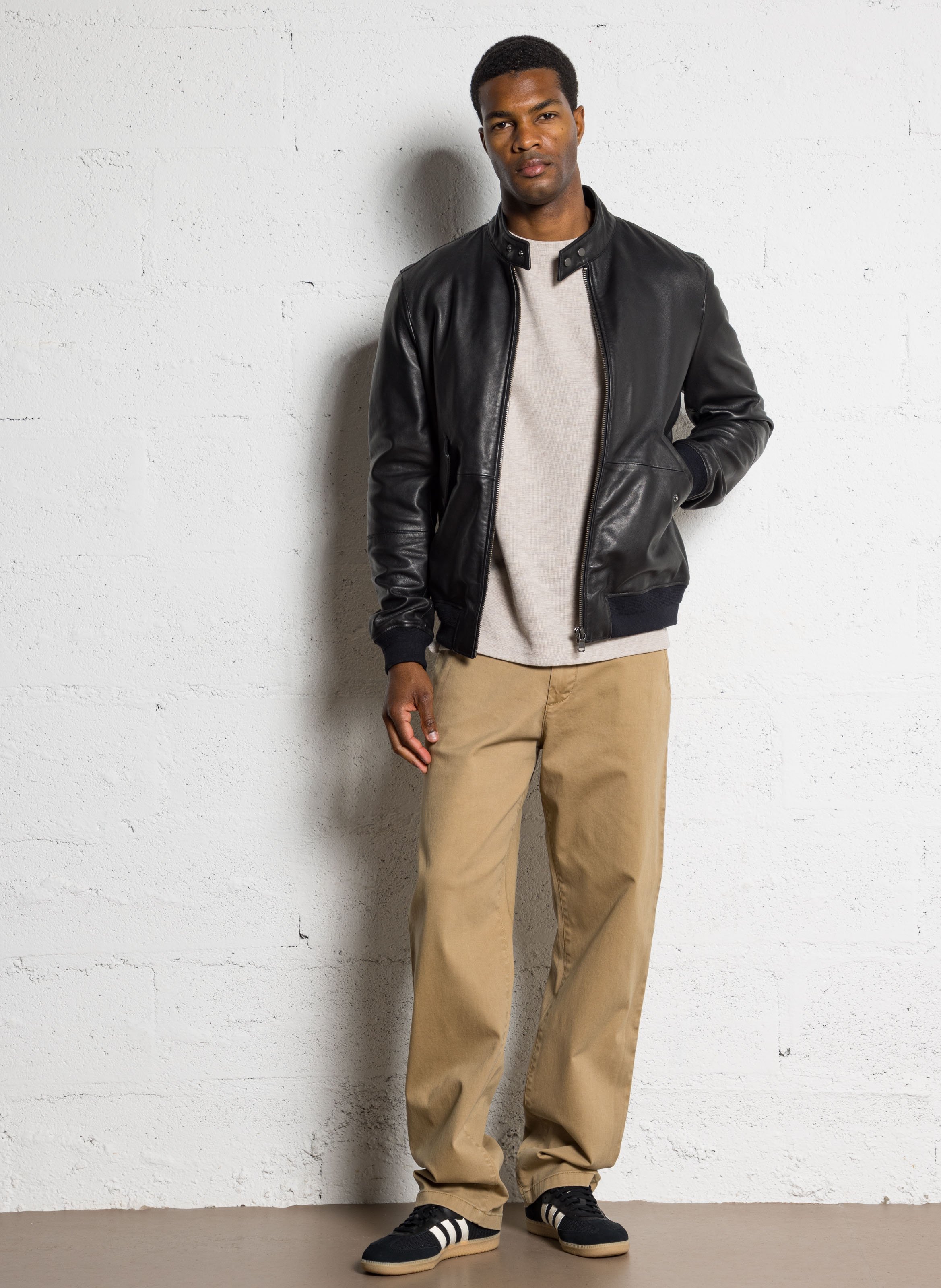 Blouson droit col officier en cuir IKKS Noir