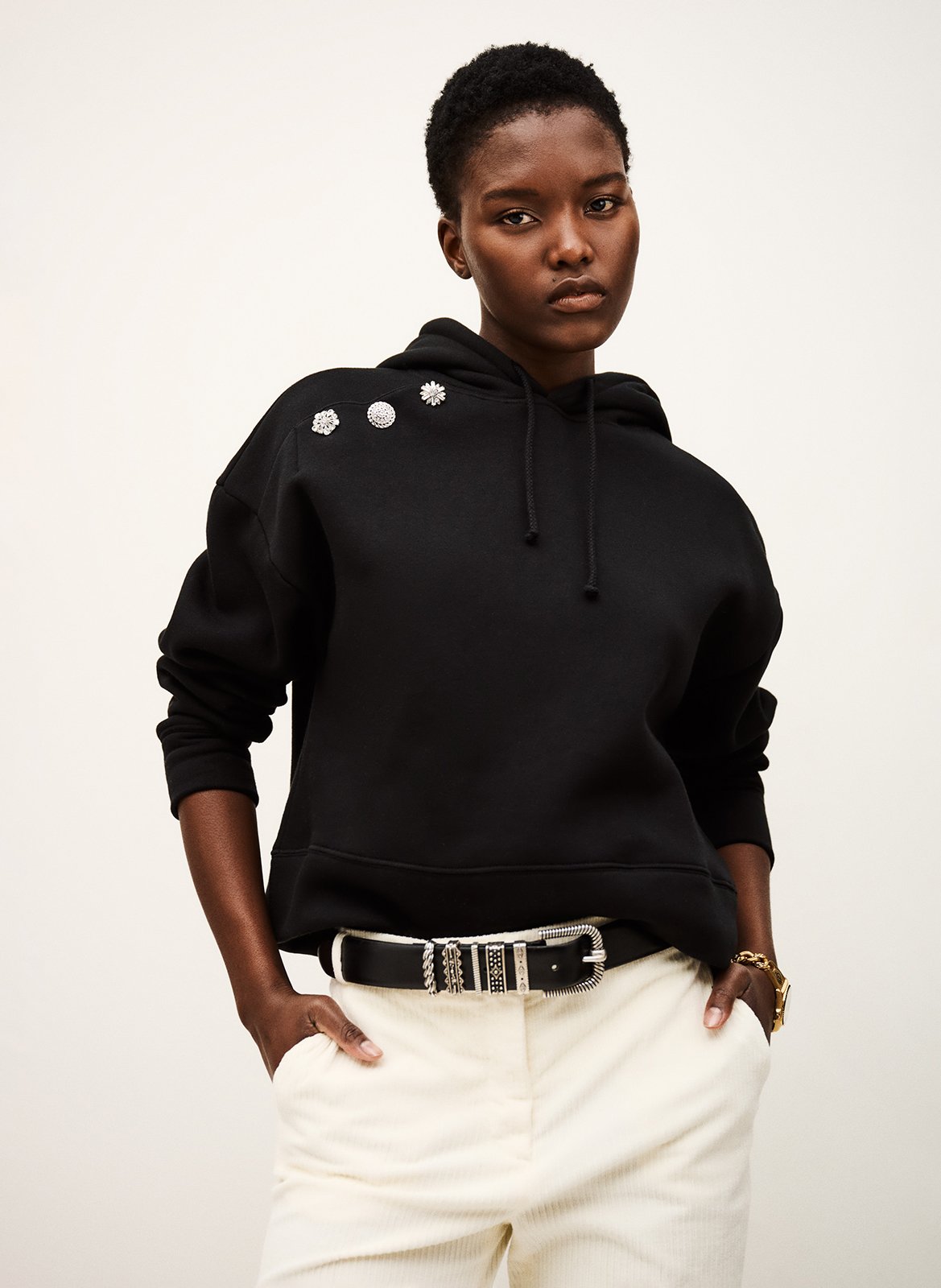 Sweat droit à capuche uni et boutons bijoux didi BA&SH Noir