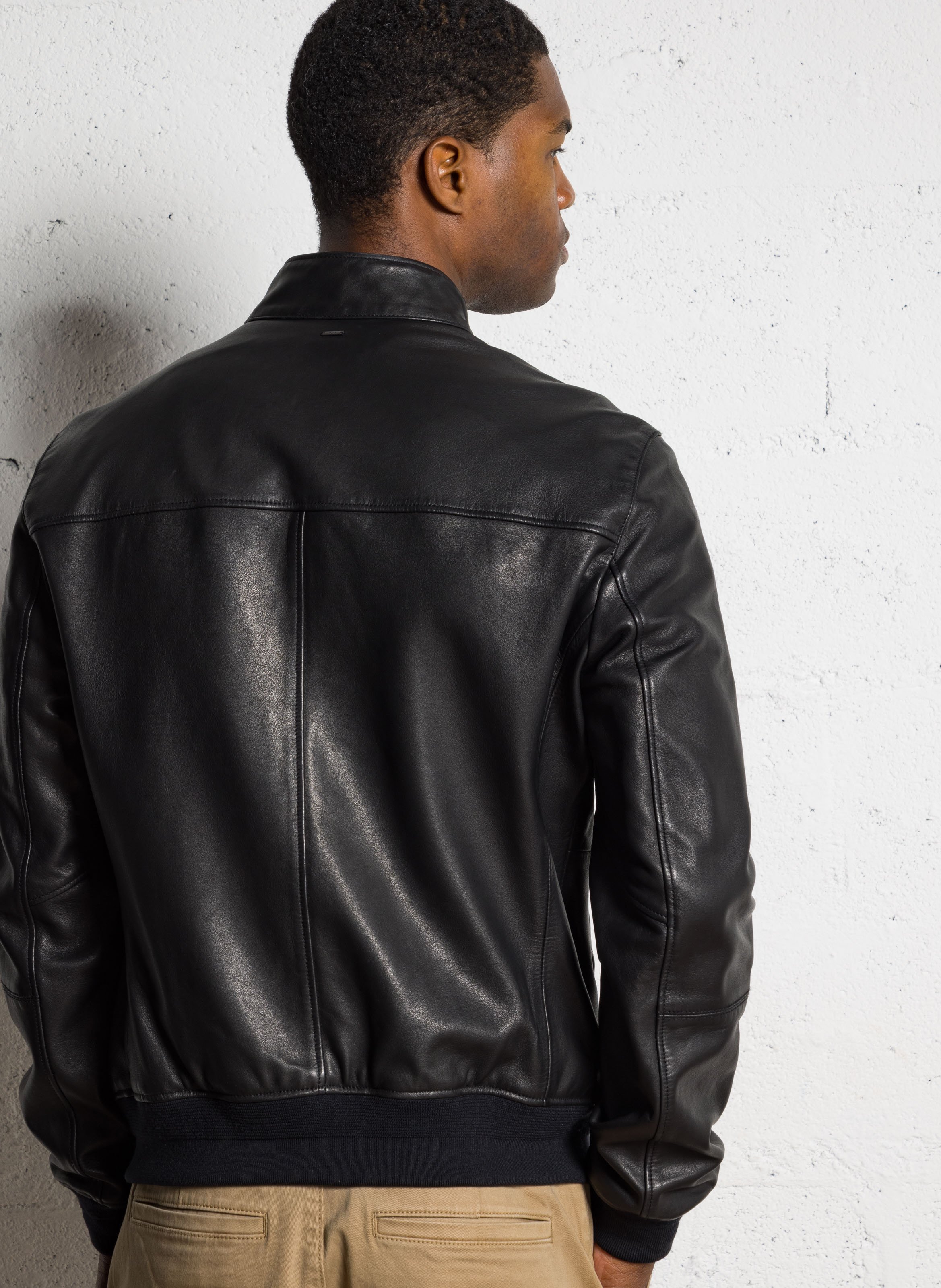 Blouson droit col officier en cuir IKKS Noir