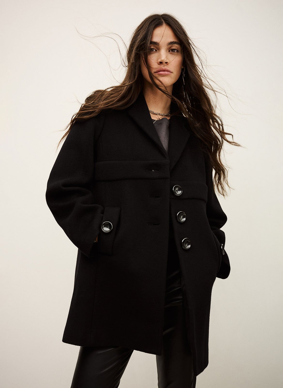 Manteau droit col tailleur en laine mélangée thea BA&SH Noir