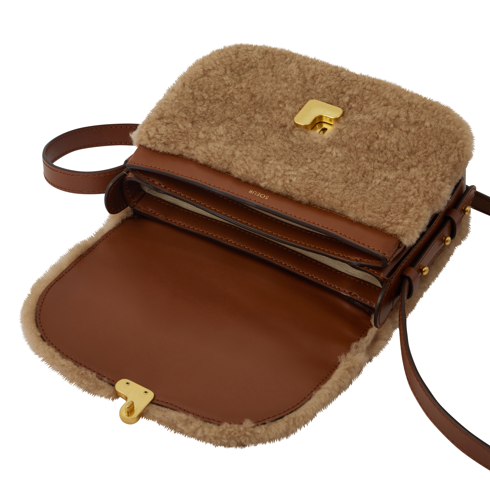 Sac bi-matière en cuir glacé et shearling bellissima mini SOEUR Marron