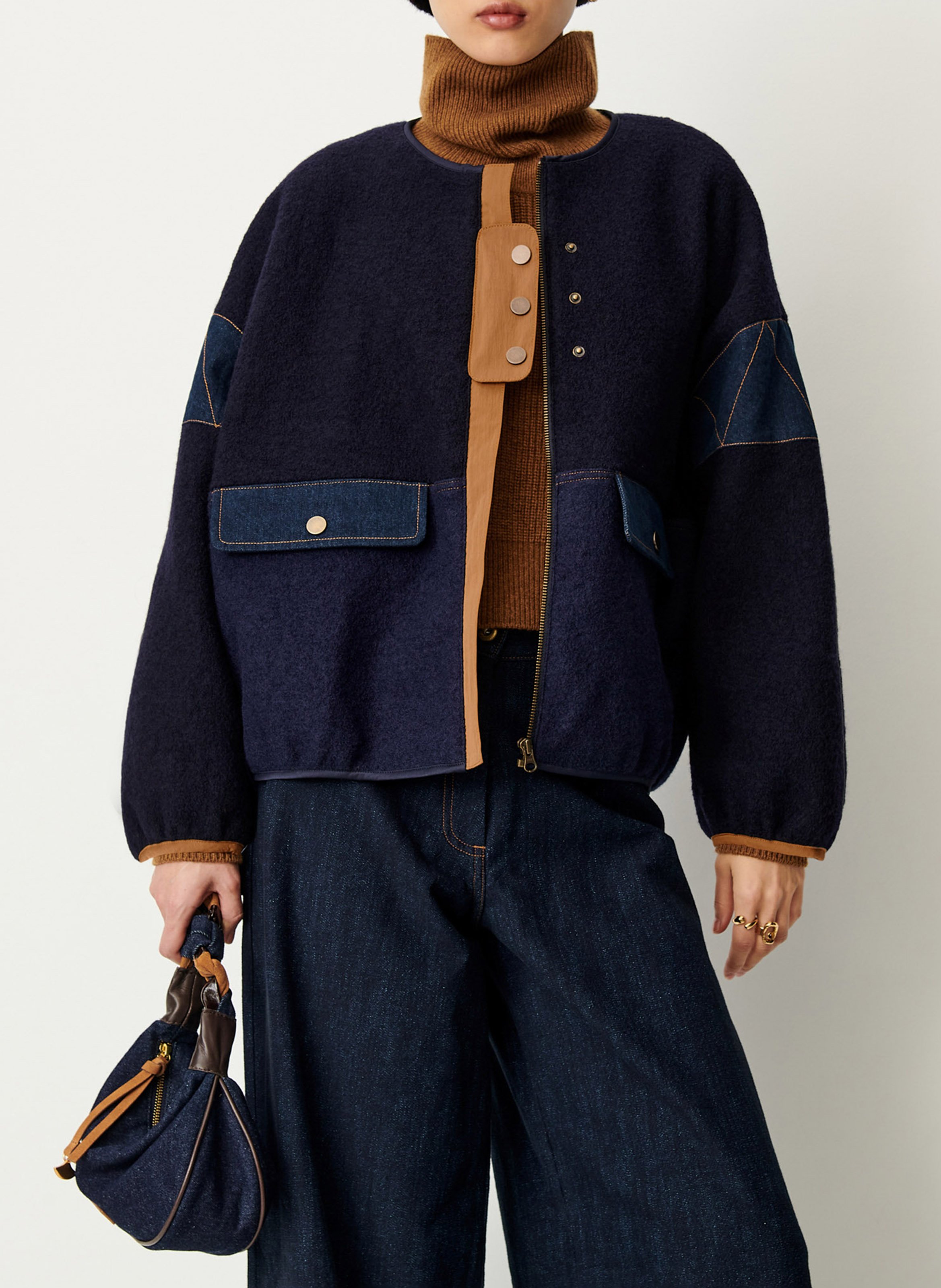 Veste ronde à détails denim en laine cold night SESSUN Bleu