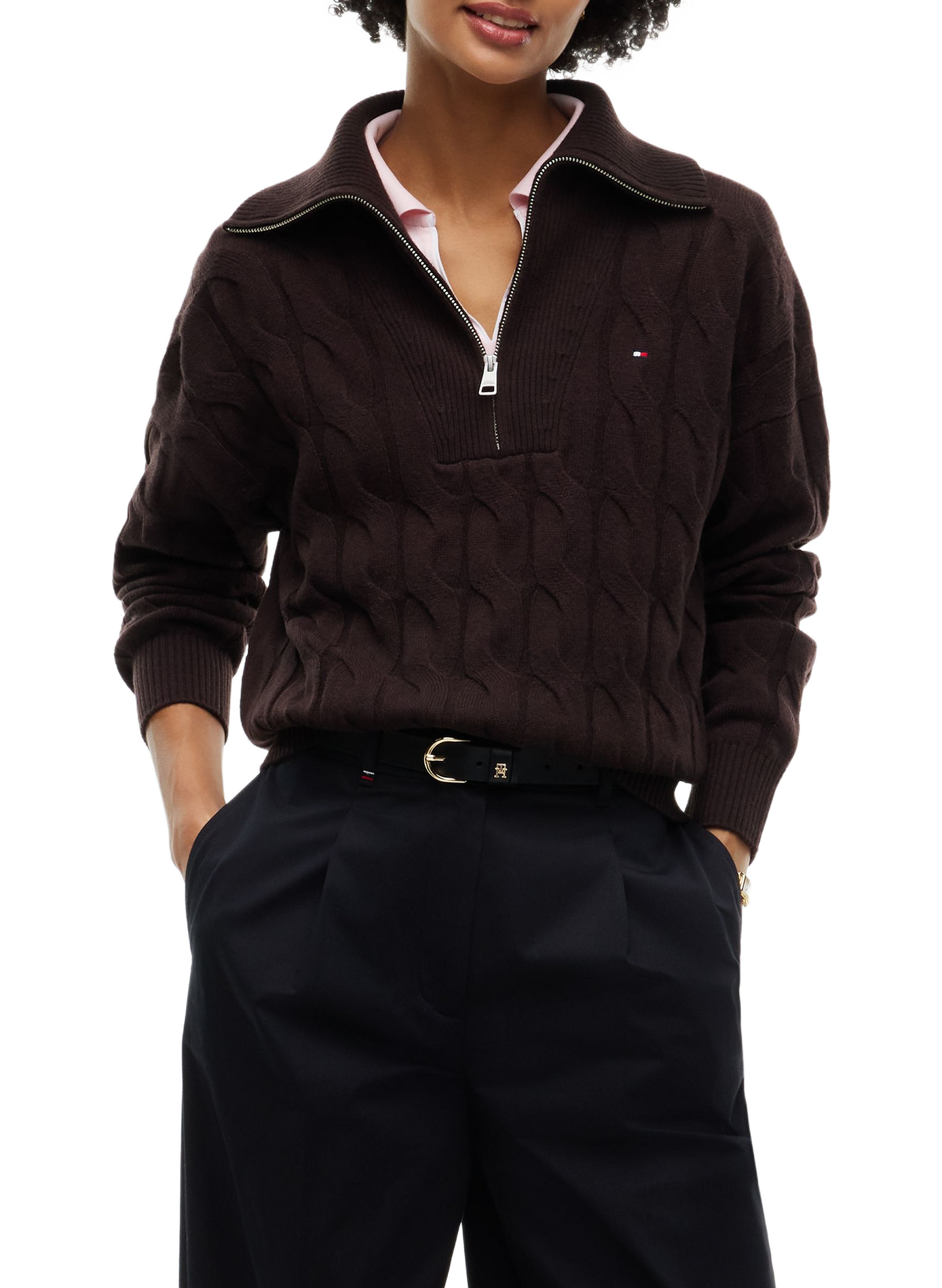 Pull col zippé en laine TOMMY HILFIGER Marron