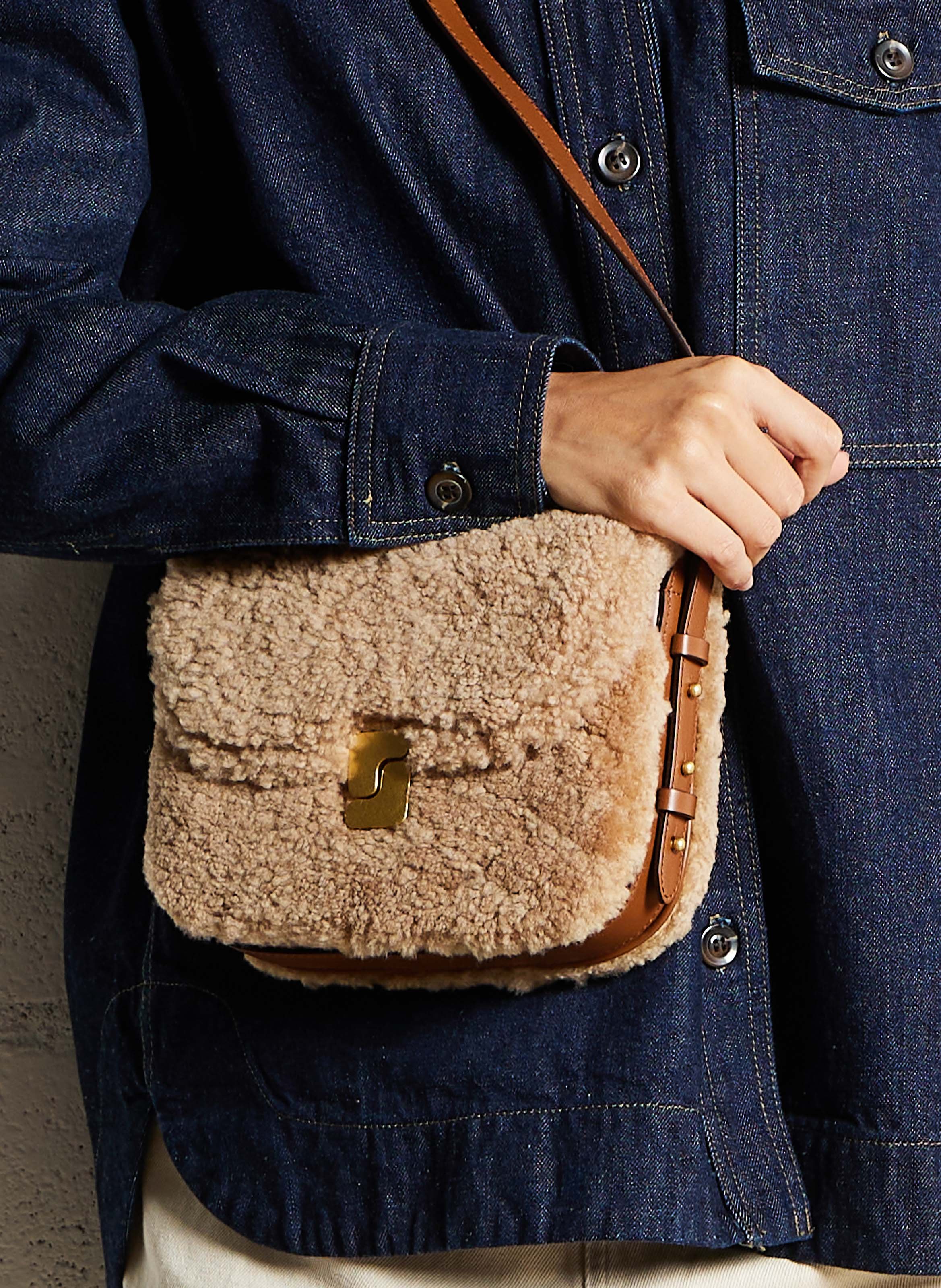 Sac bi-matière en cuir glacé et shearling bellissima mini SOEUR Marron