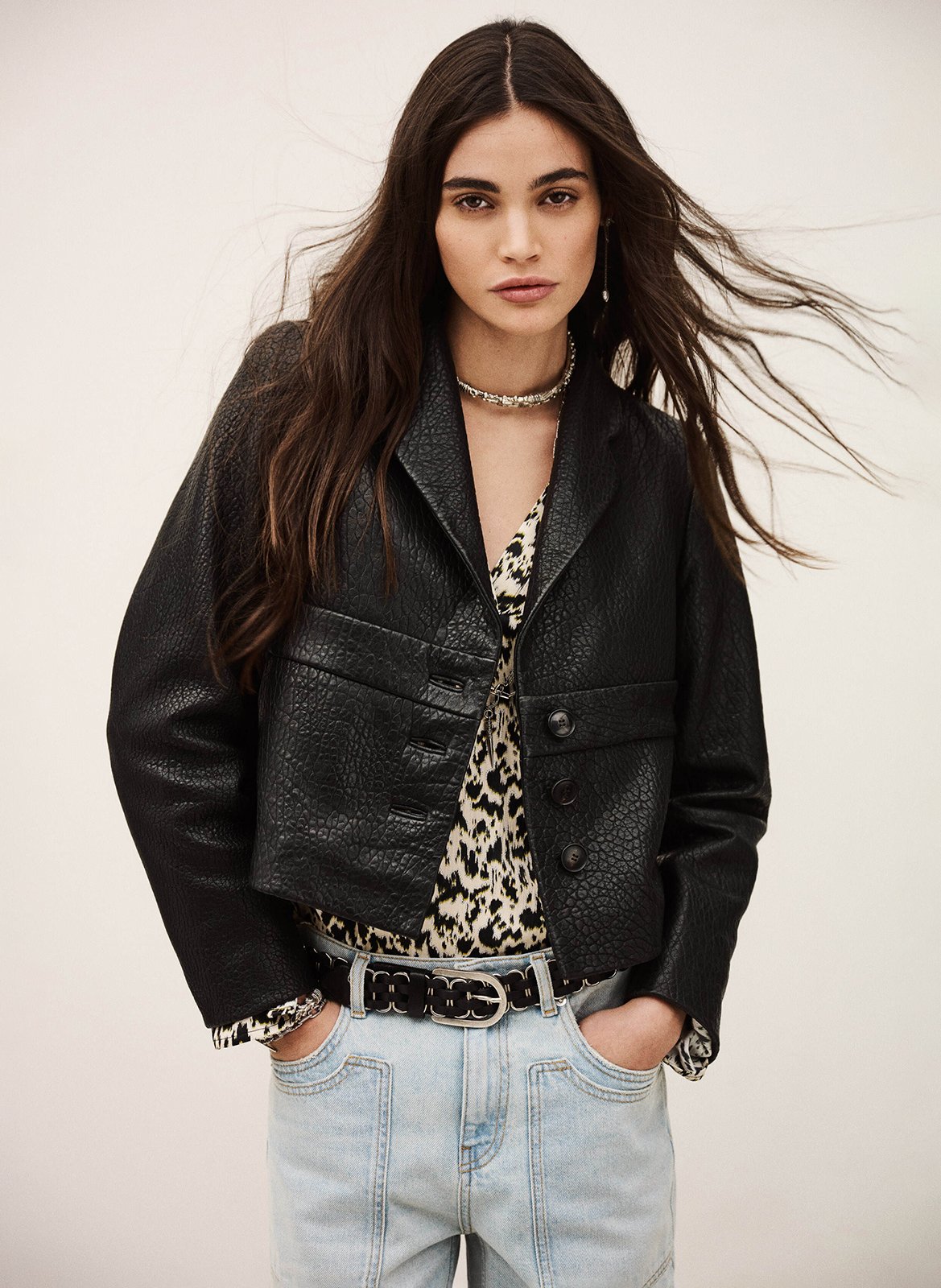 Veste droite col tailleur en cuir borfeo BA&SH Noir