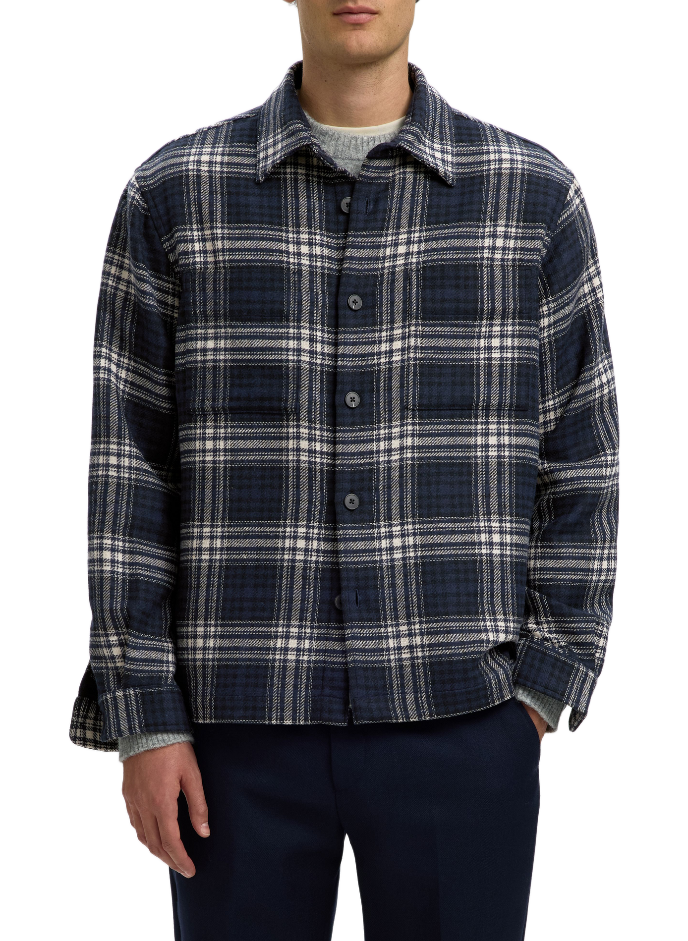 Gerade geschnittenes Overshirt mit klassischem Kragen und Karomuster SELECTED Blau