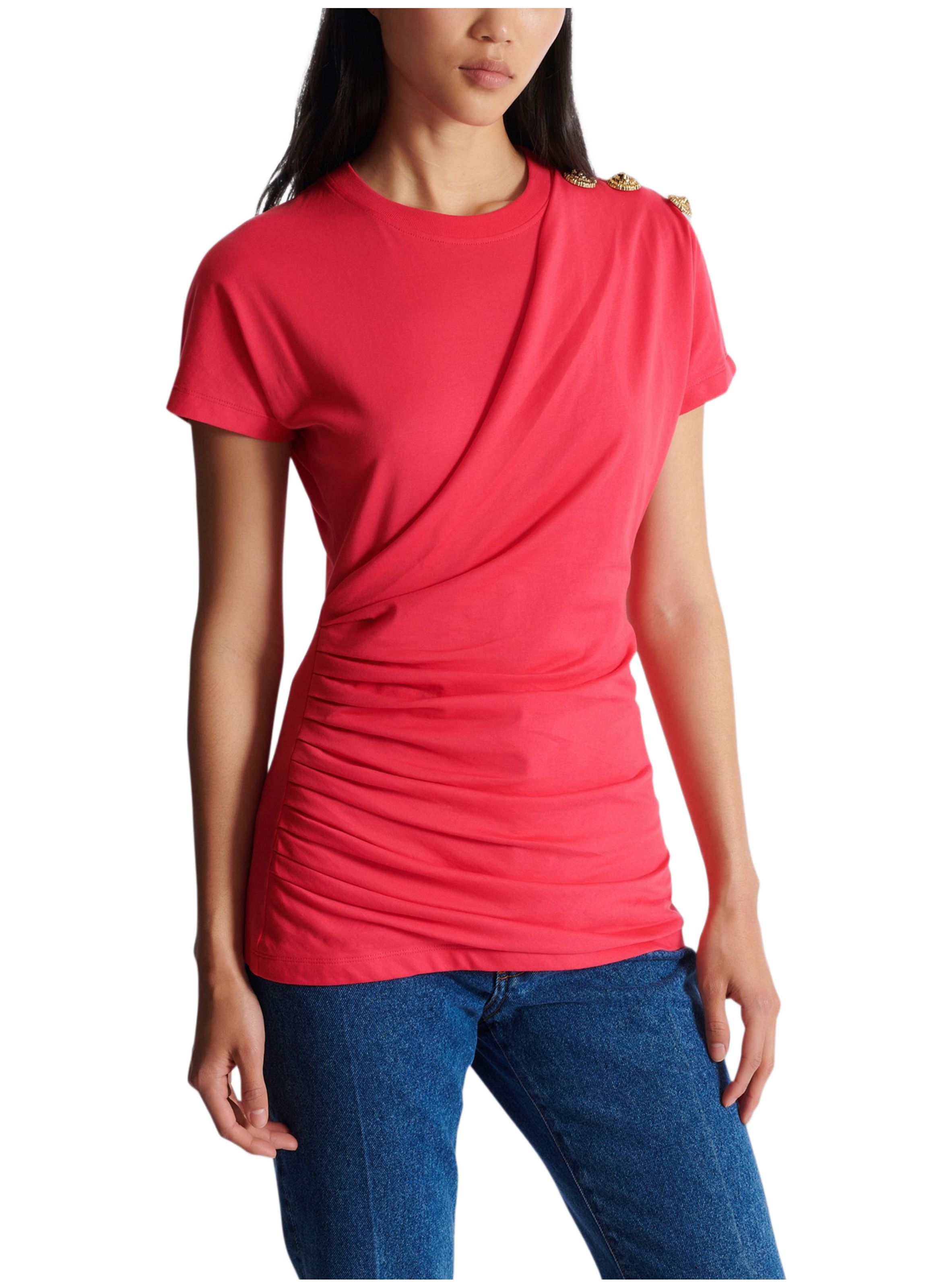 T-shirt drapé avec boutons BALMAIN Rose