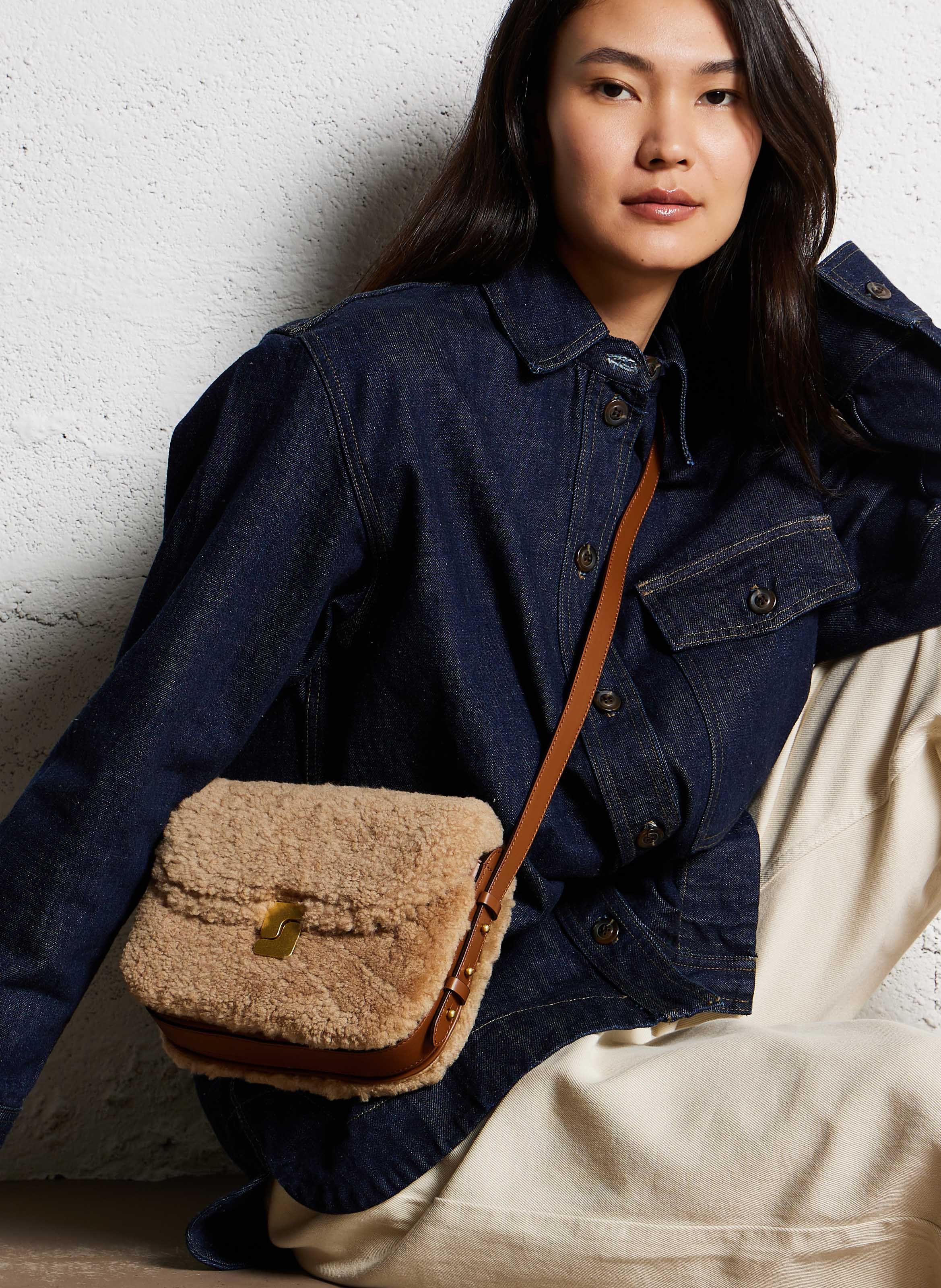 Sac bi-matière en cuir glacé et shearling bellissima mini SOEUR Marron