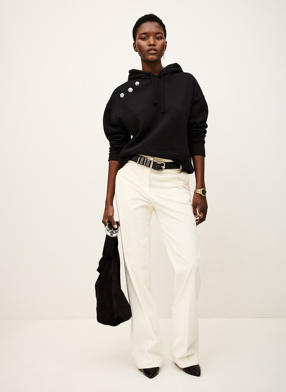 Sweat droit à capuche uni et boutons bijoux didi BA&SH Noir