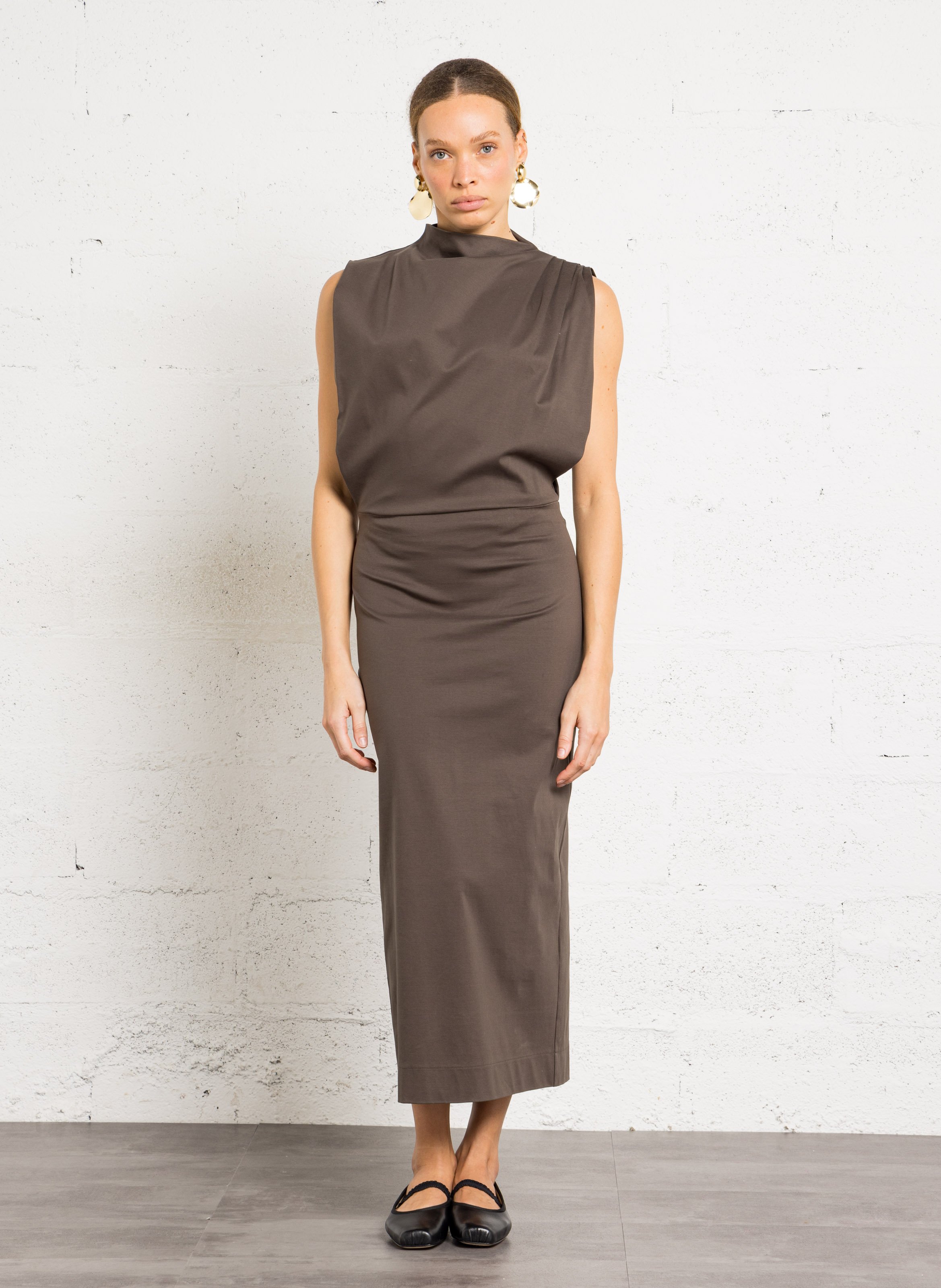 Robe longue col montant en coton gemma SOEUR Marron