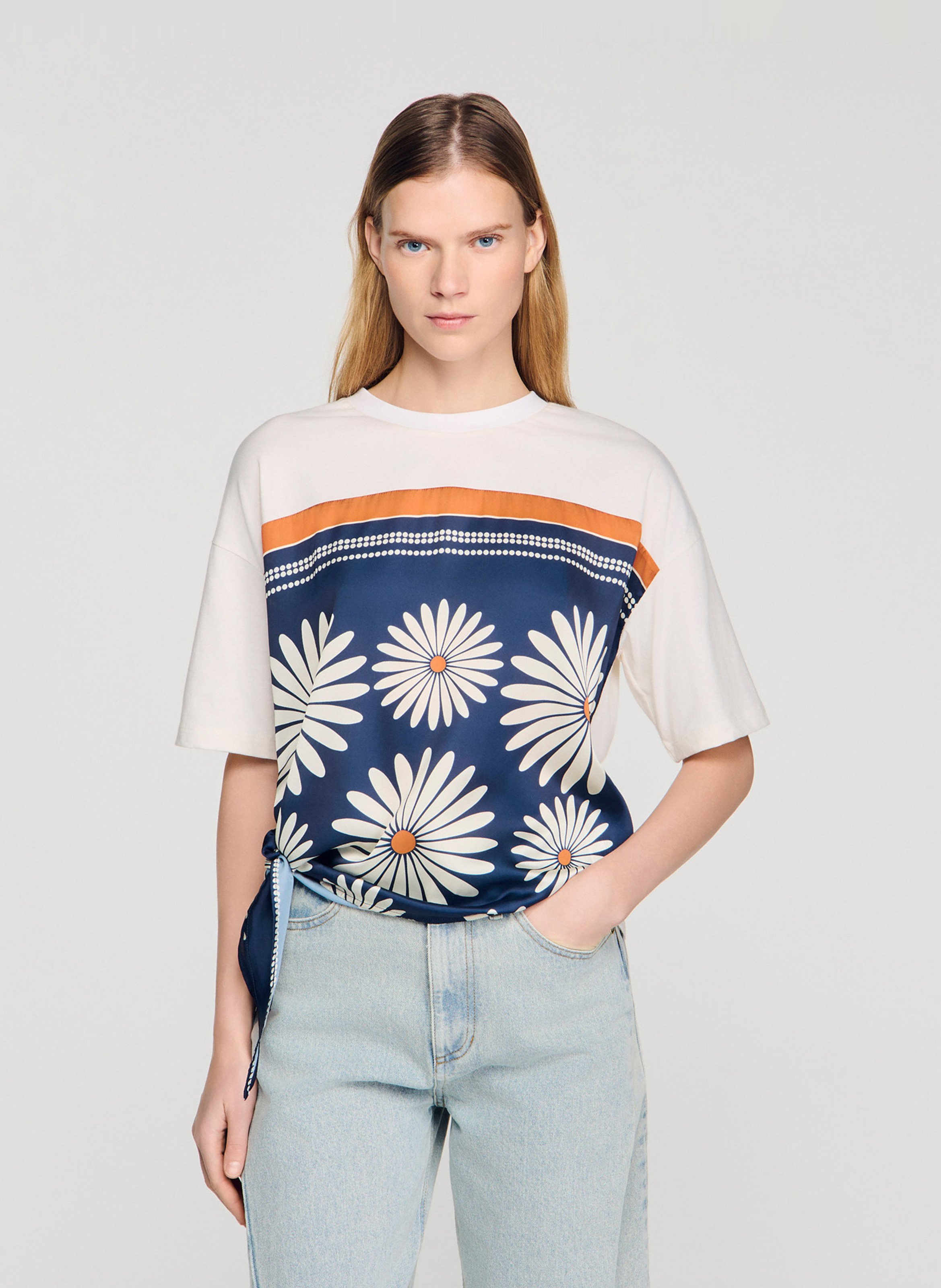 Tee-shirt oversize col rond en coton imprimé SANDRO Bleu