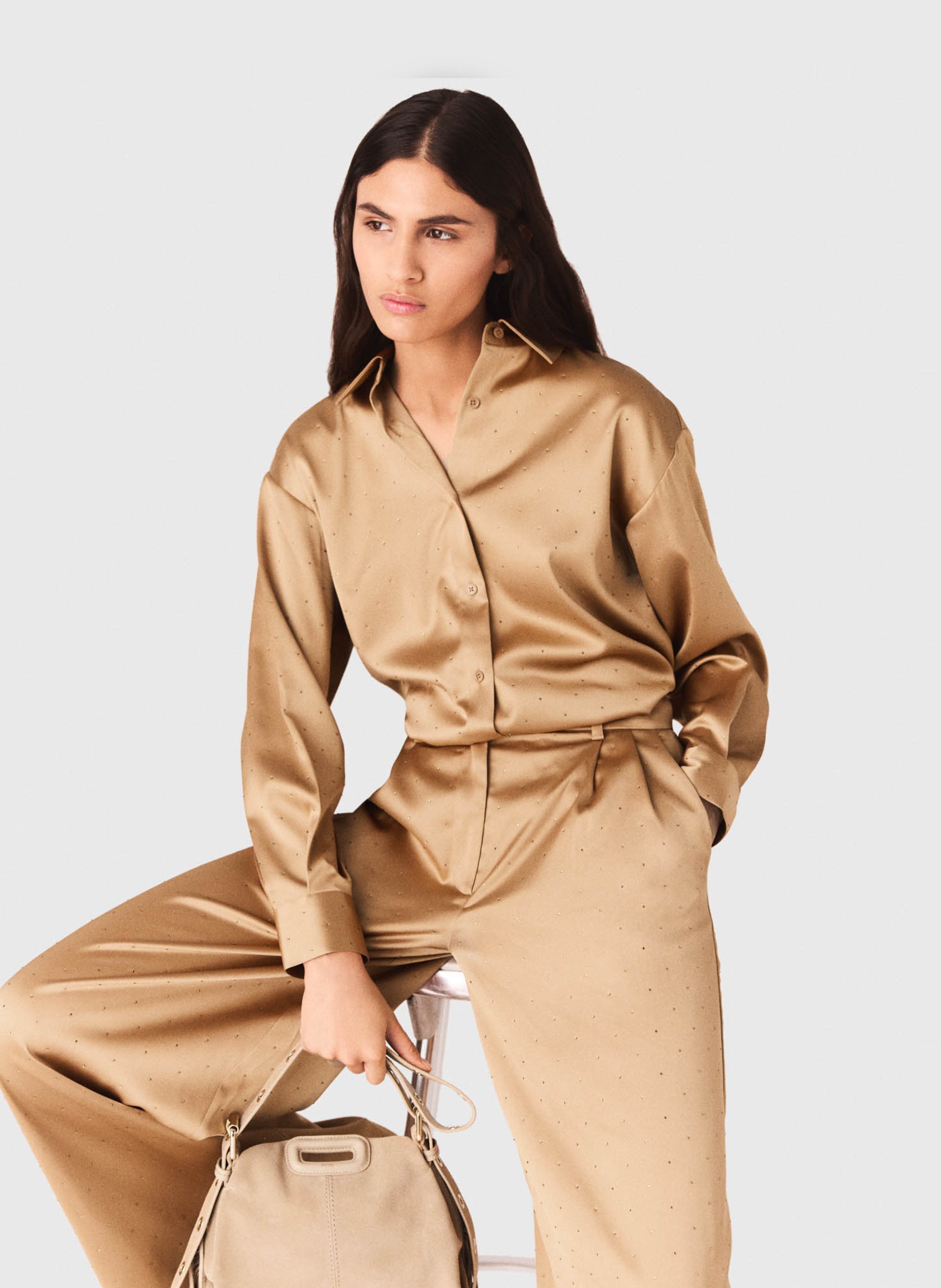 Chemise oversize col classique satinée MAJE Marron