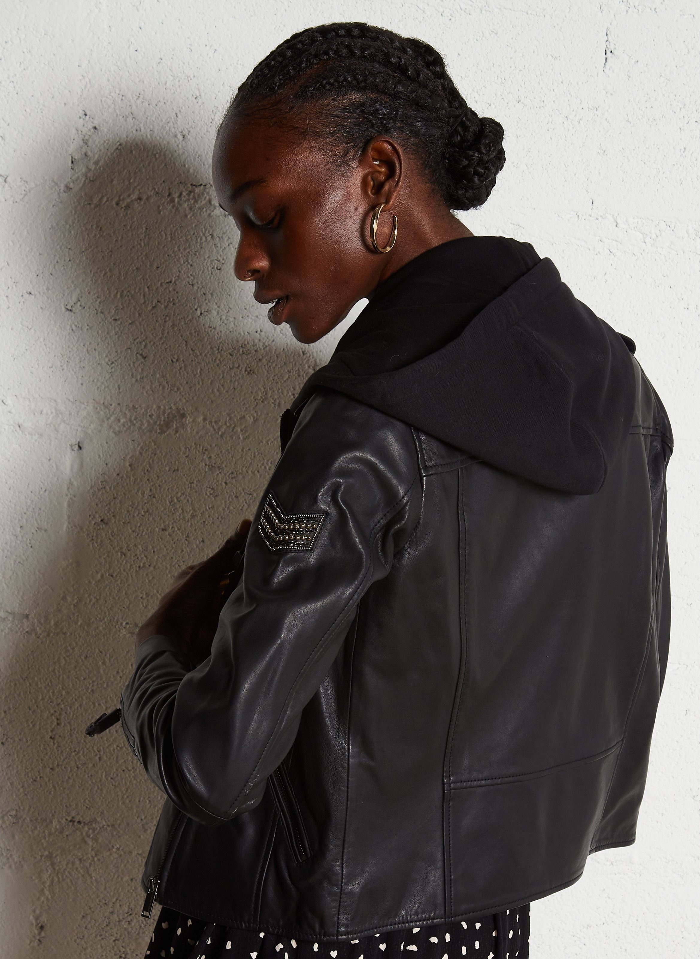 Blouson à capuche en cuir IKKS 