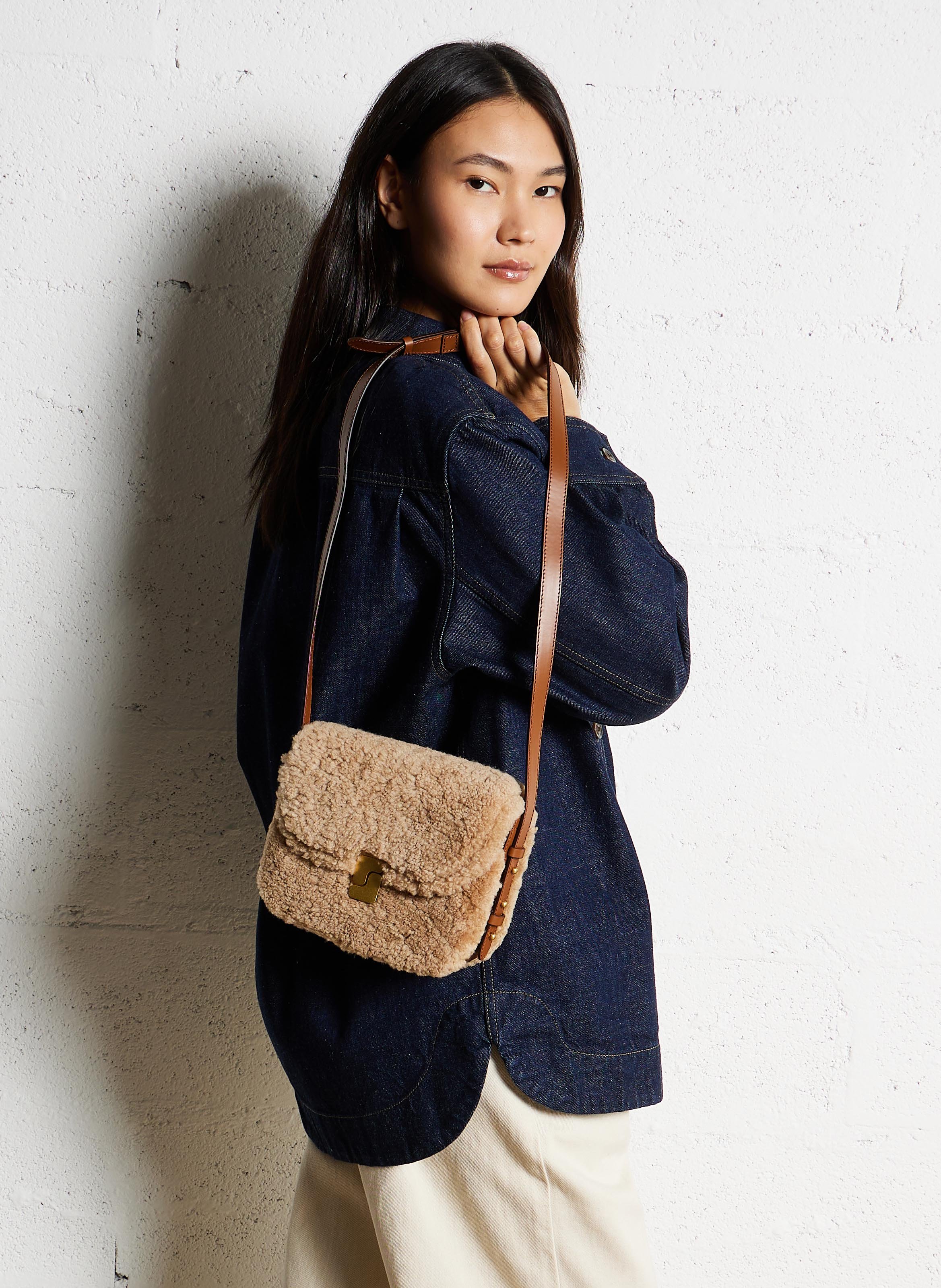 Sac bi-matière en cuir glacé et shearling bellissima mini SOEUR Marron