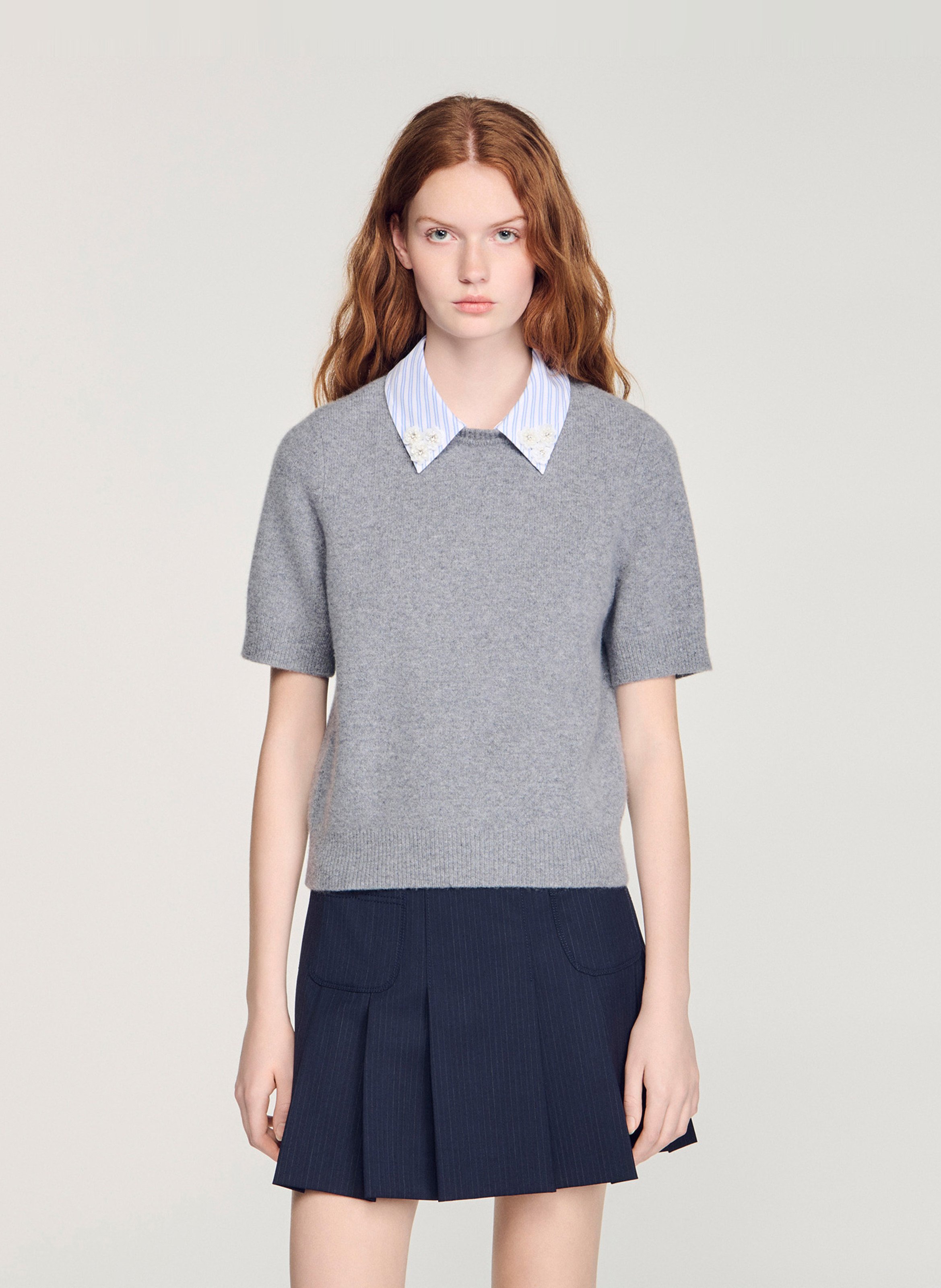 Pull col classique en laine SANDRO Gris