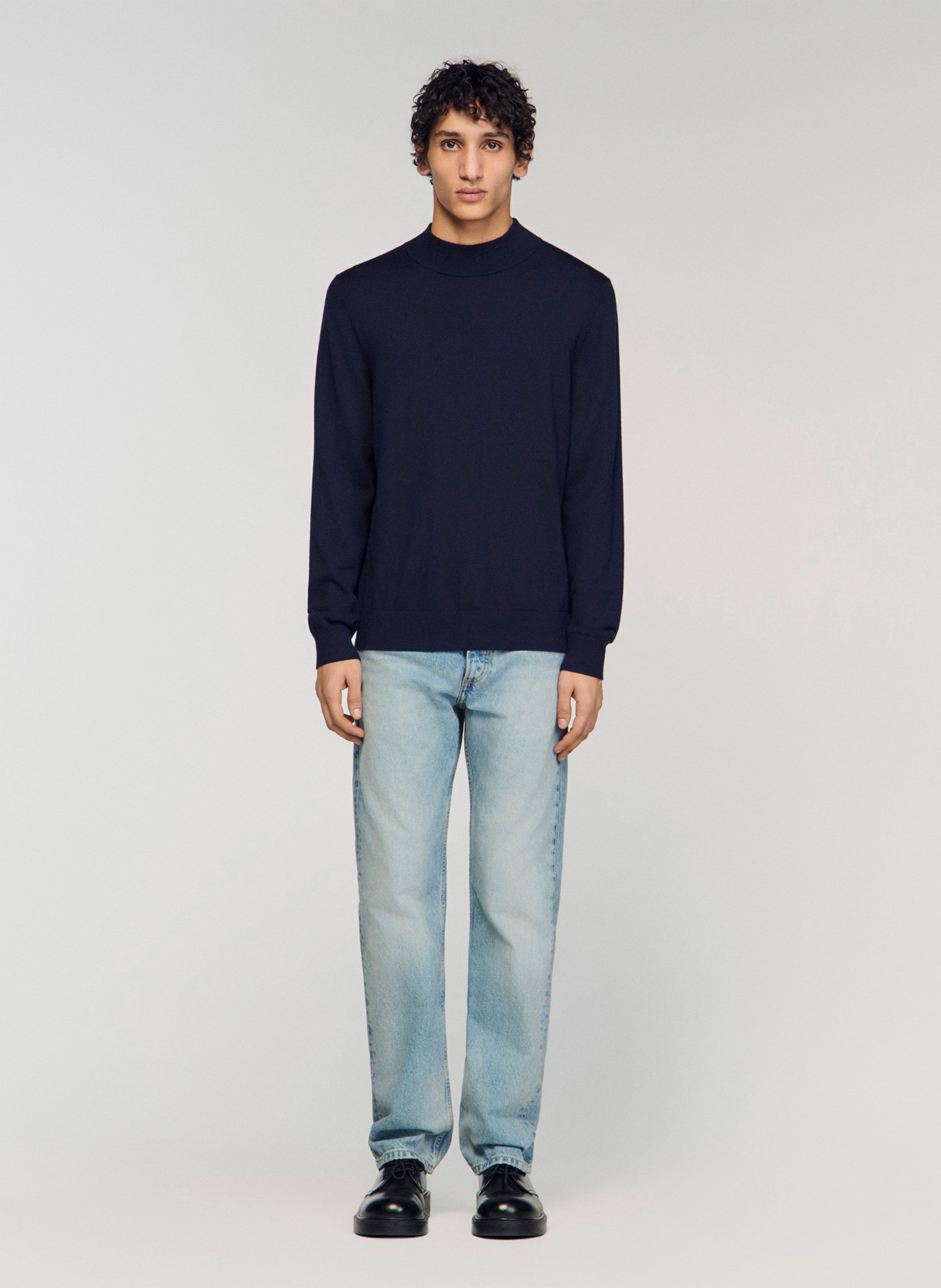 Pull droit manches longues uni en laine SANDRO Bleu