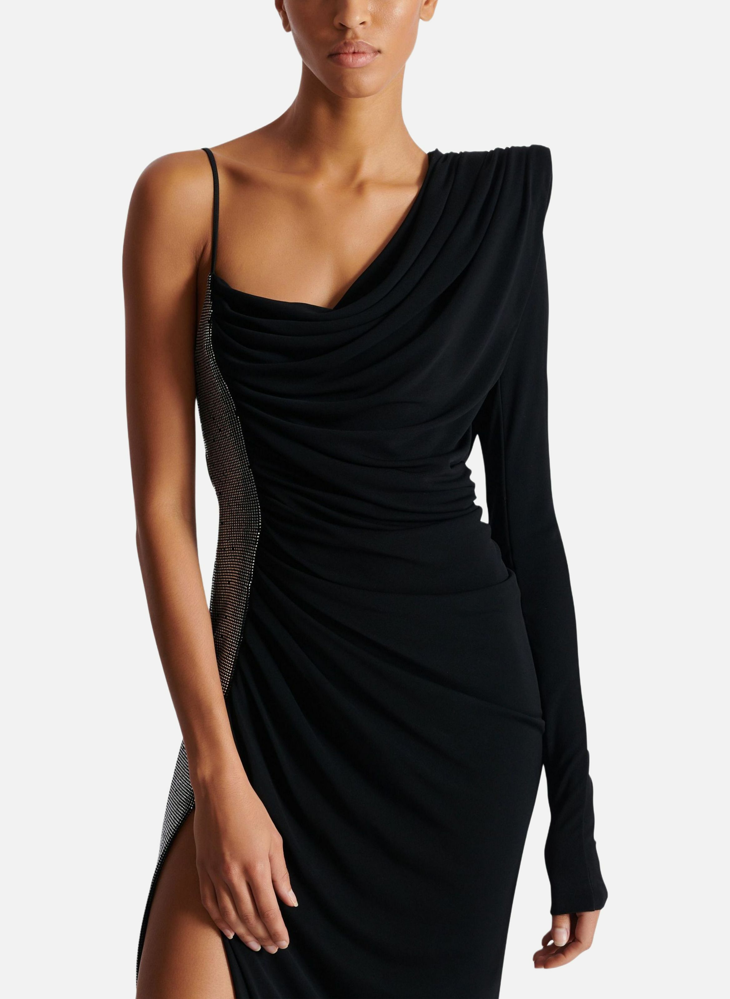 Robe bi-matière asymétrique et drapée BALMAIN Noir