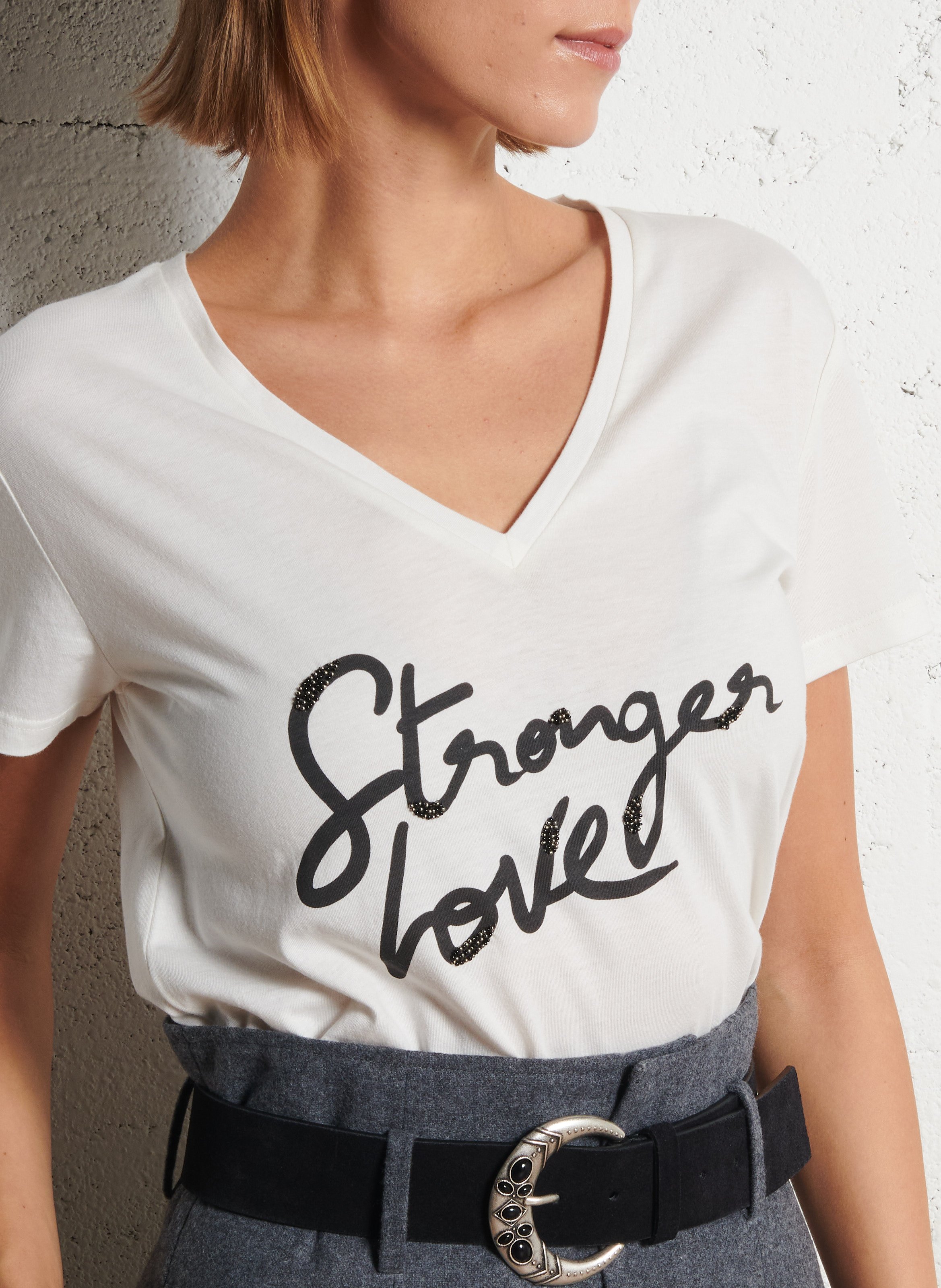 Tee-shirt col v en coton mélangé IKKS Blanc