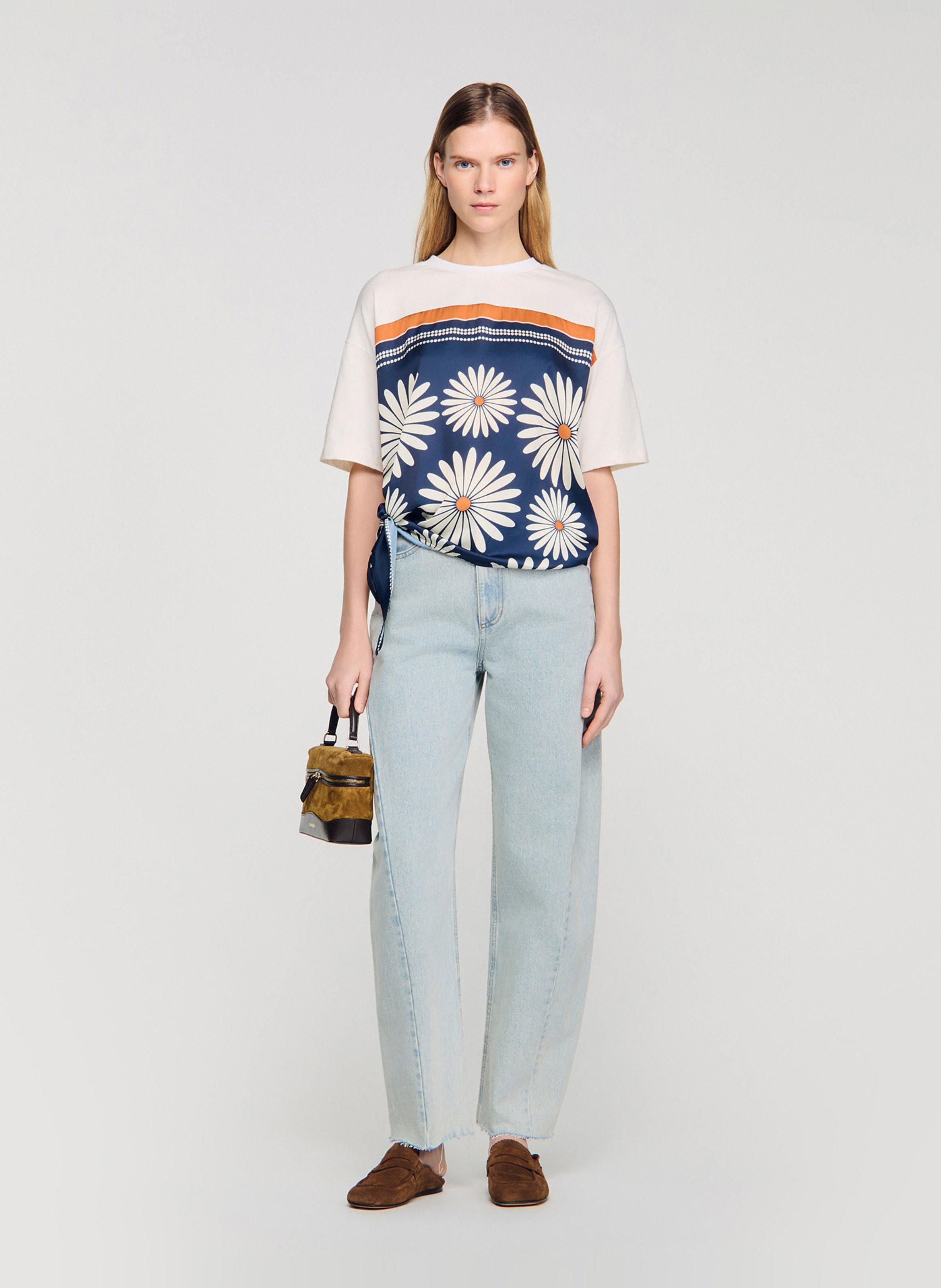 Tee-shirt oversize col rond en coton imprimé SANDRO Bleu