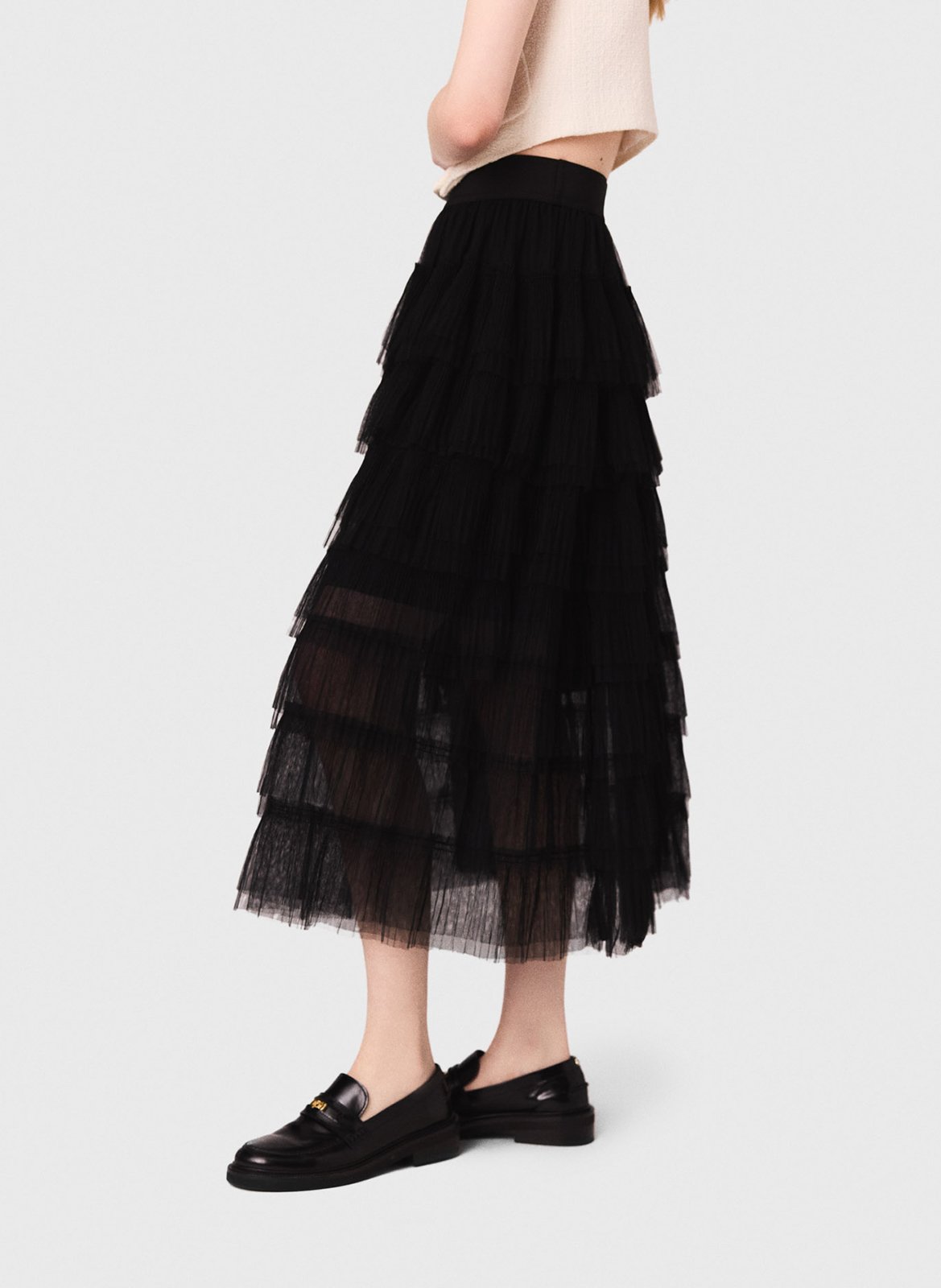 Jupe midi à volants en tulle MAJE Noir