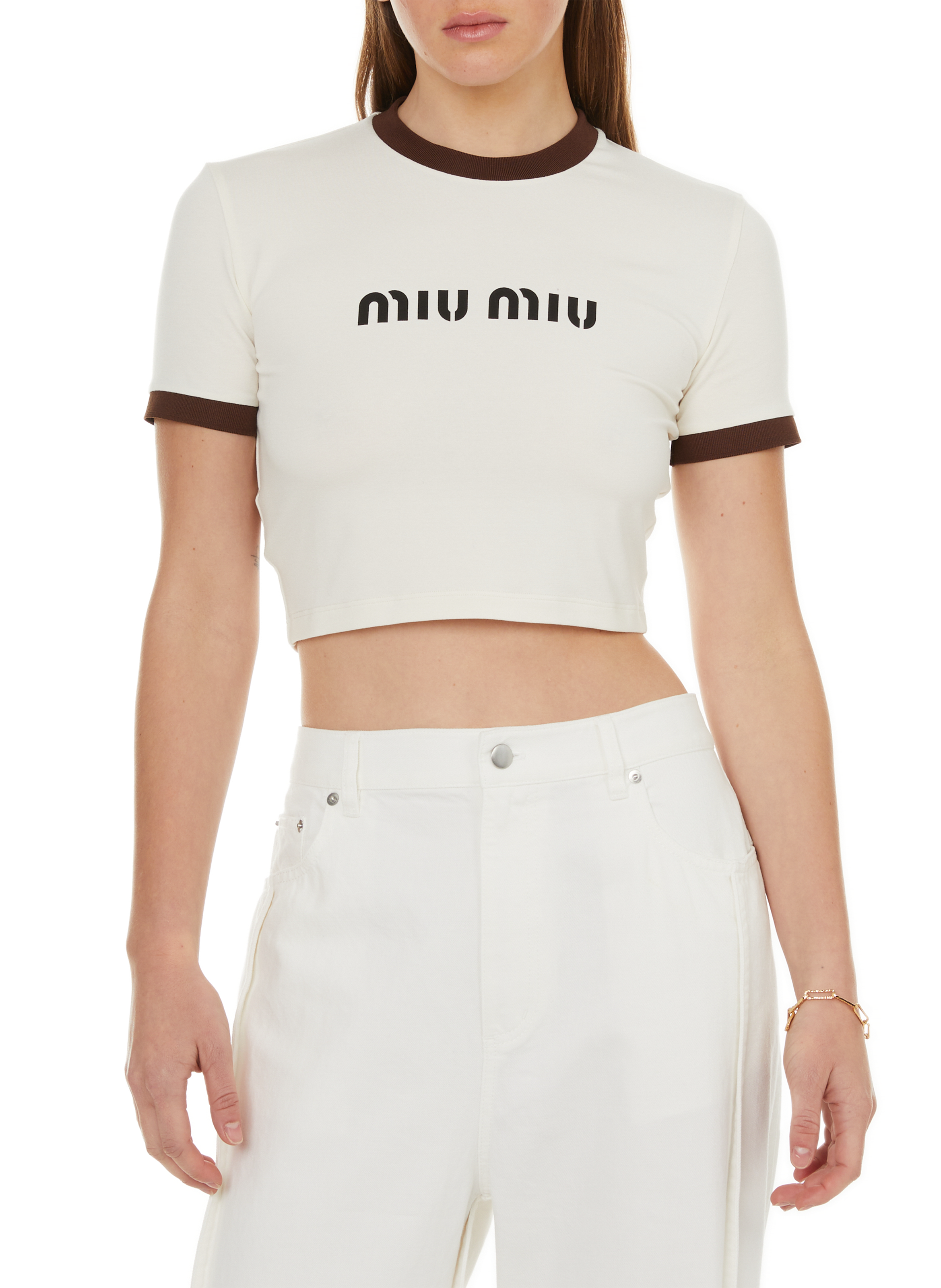 MIU MIU Cropped logo T-shirt Beige