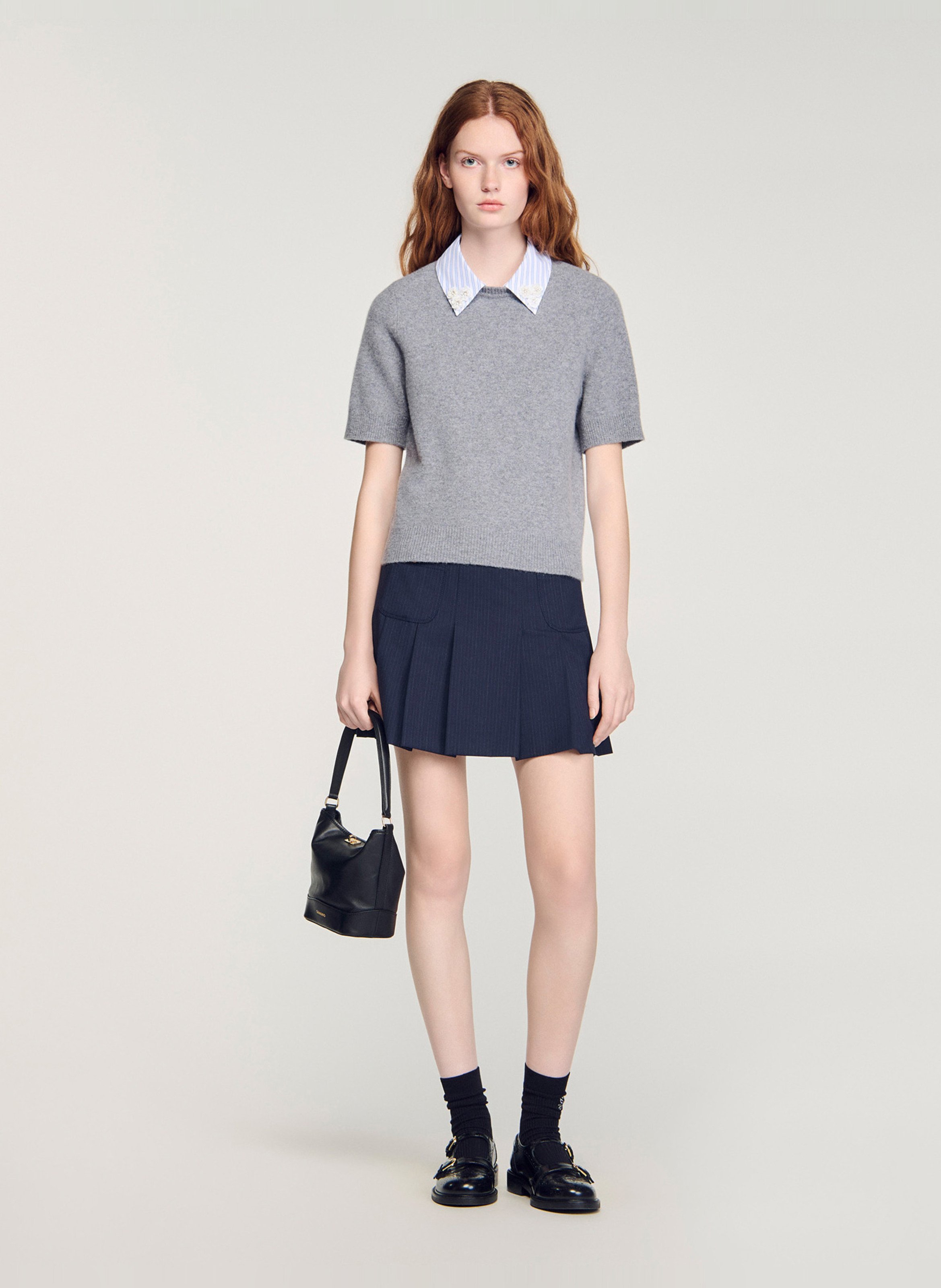 Pull col classique en laine SANDRO Gris