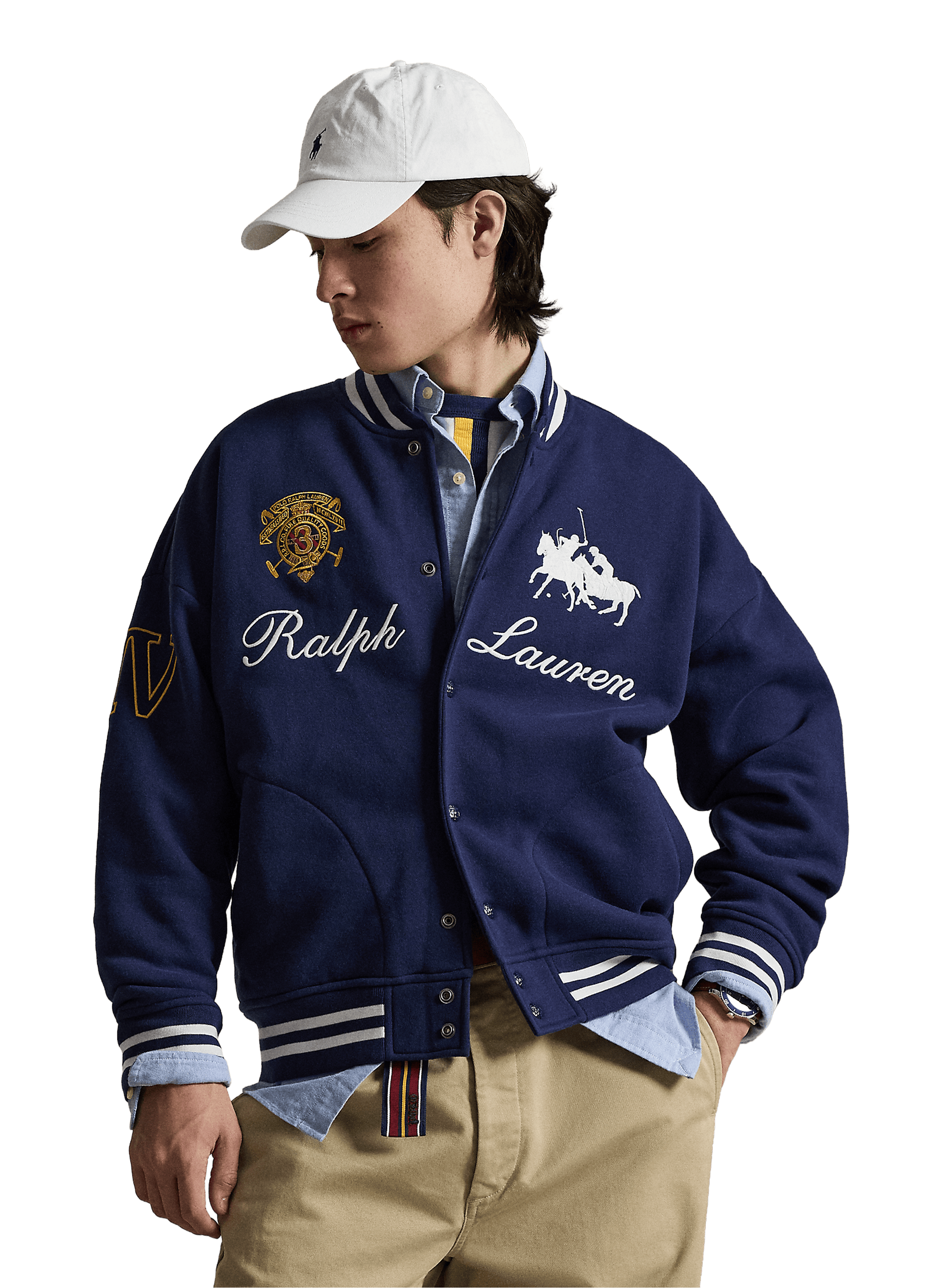 Blouson bombers logo brodé en coton mélangé POLO RALPH LAUREN Bleu