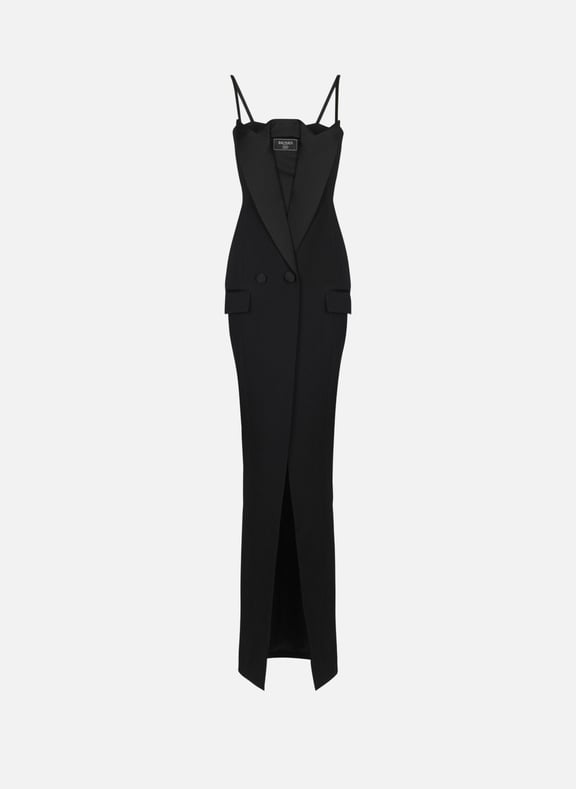 Robe longue à bretelles en grain de poudre Noir by BALMAIN BALMAIN Robe longue à bretelles en grain de poudre Noir