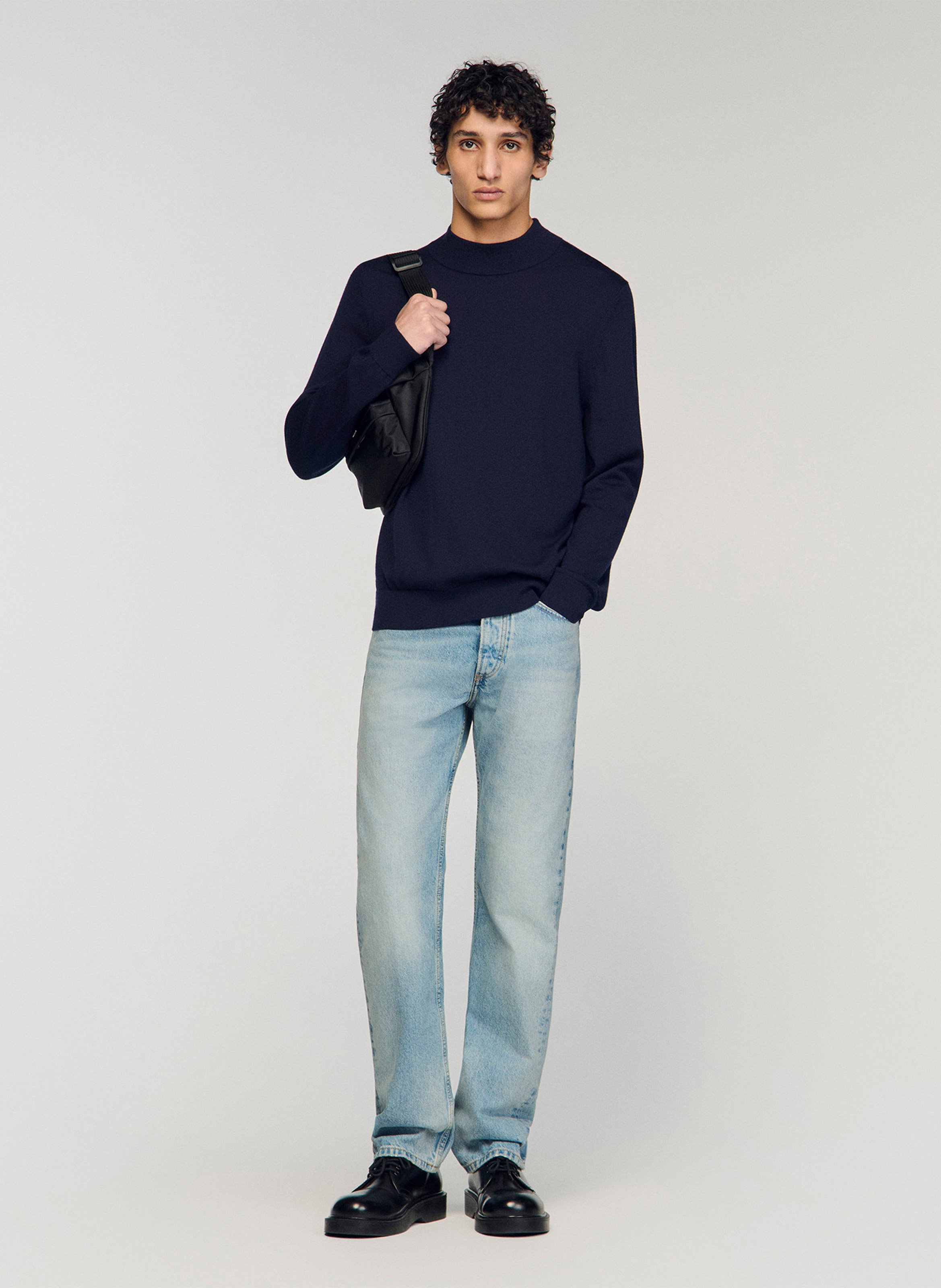 Pull droit manches longues uni en laine SANDRO Bleu