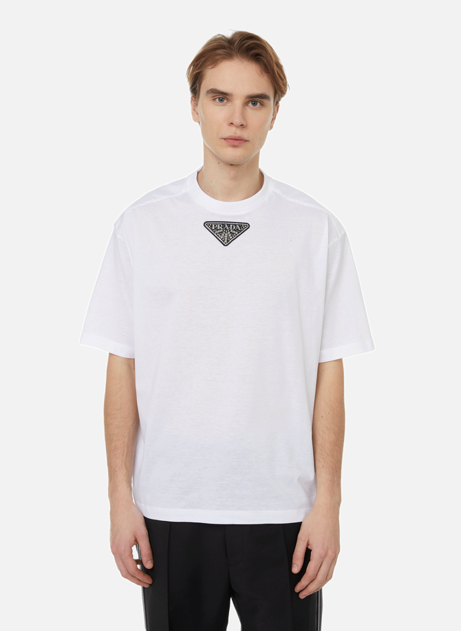 Oversized cotton logo T-shirt with rhinestones PRADA