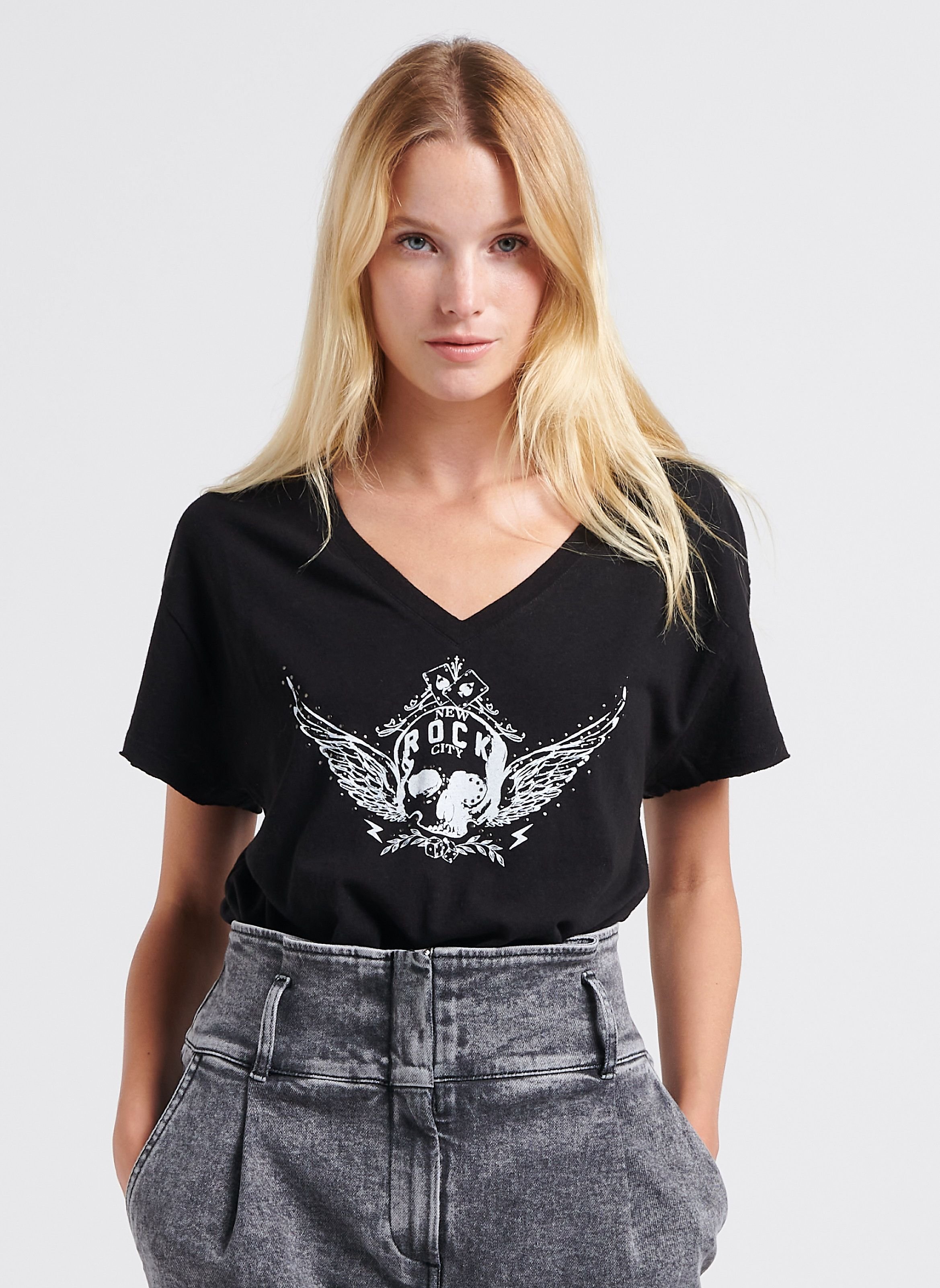 T-shirt col v droit en coton et lin mélangé