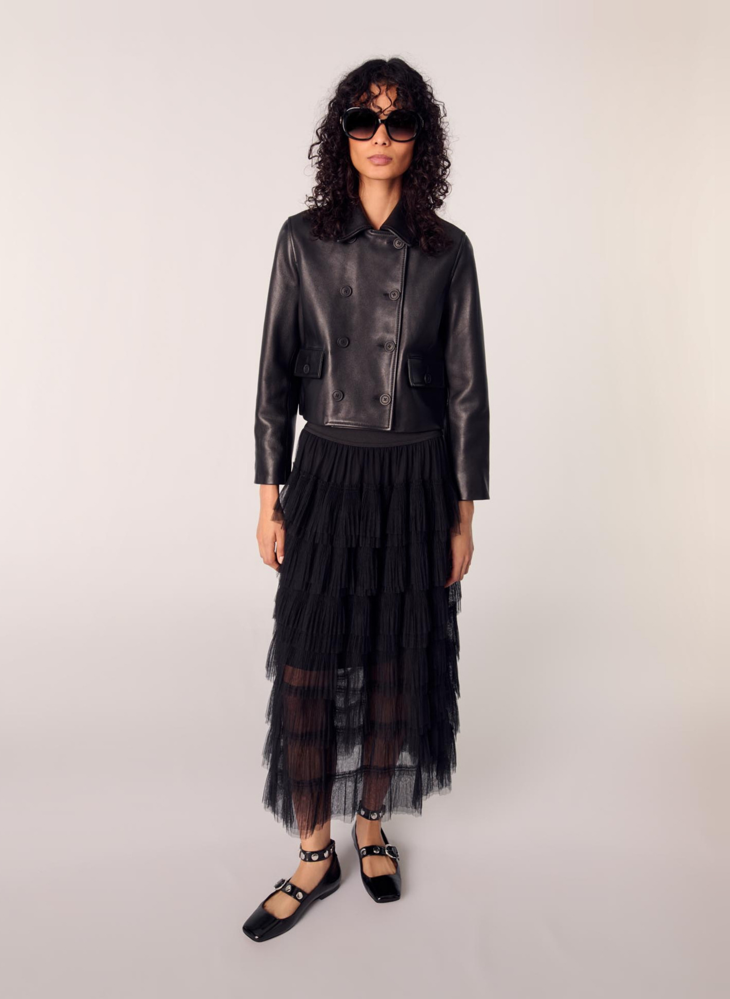 Jupe midi à volants en tulle MAJE Noir