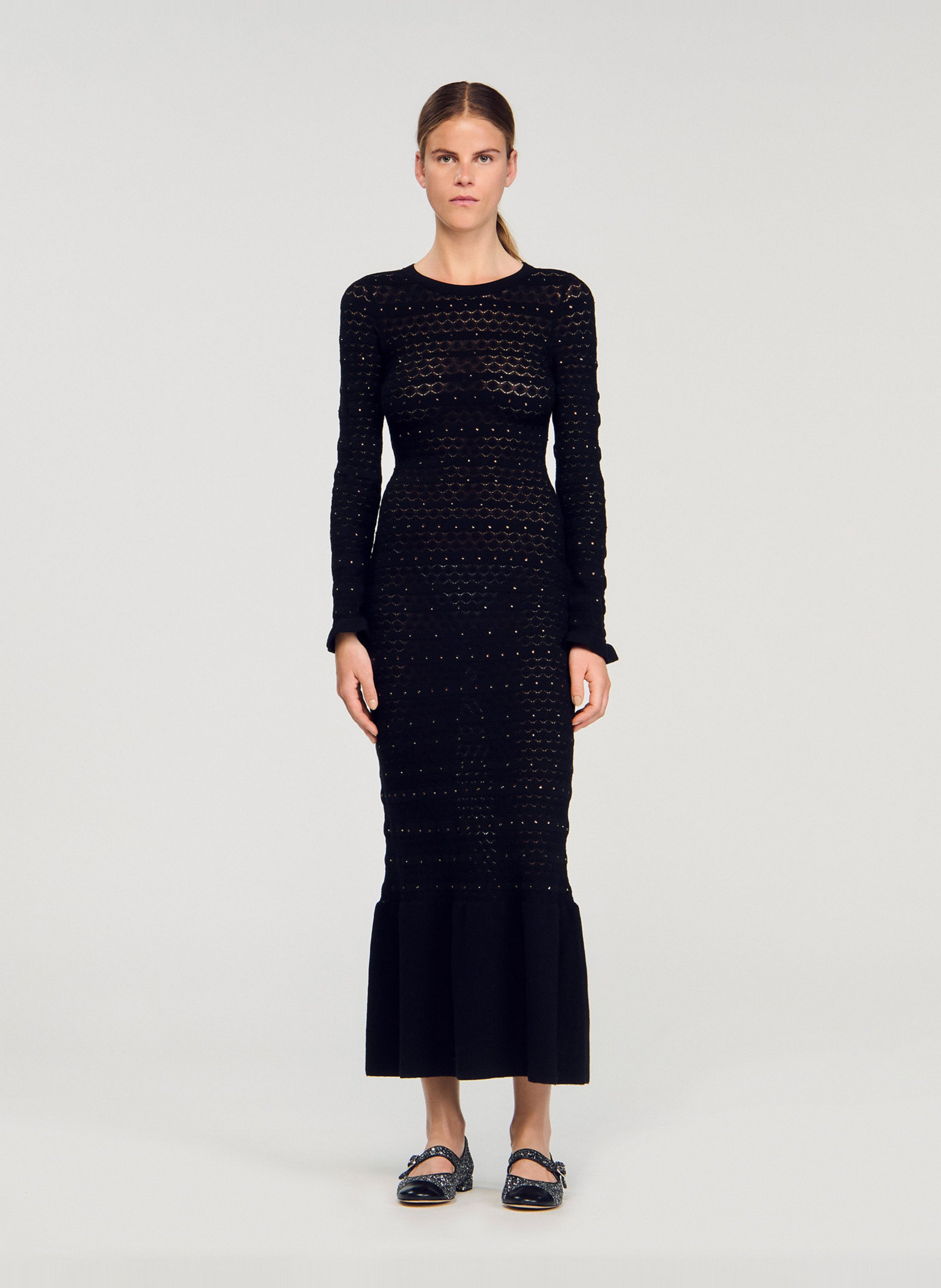 Robe longue col rond en maille strassée SANDRO Noir