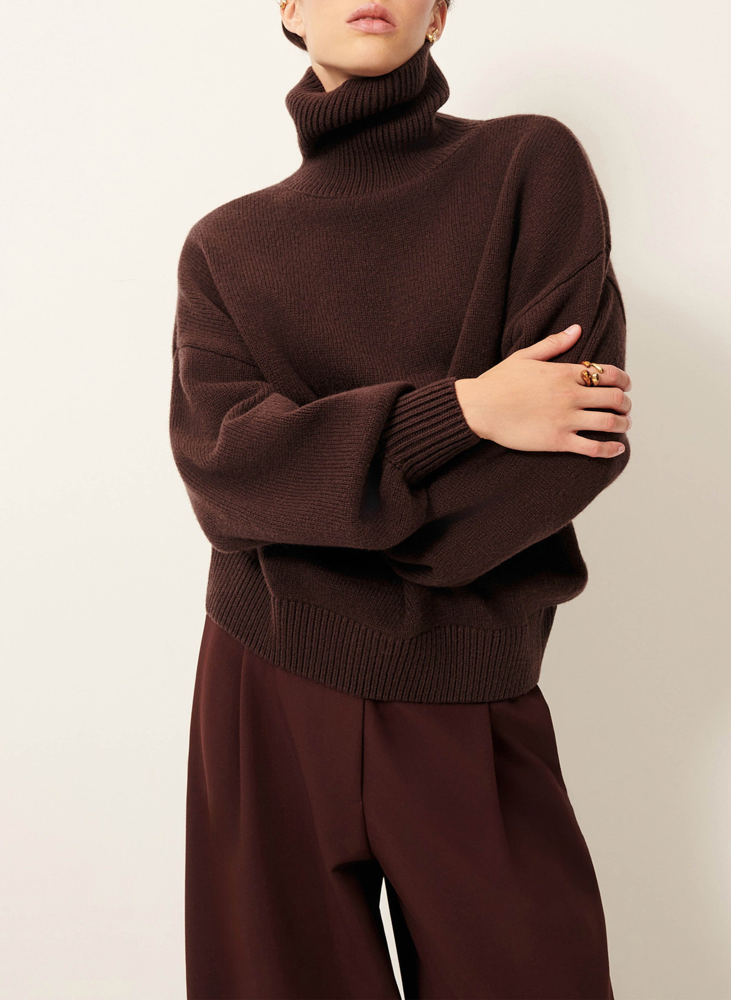 Pull oversize col roulé en laine et cachemire niko SESSUN Marron