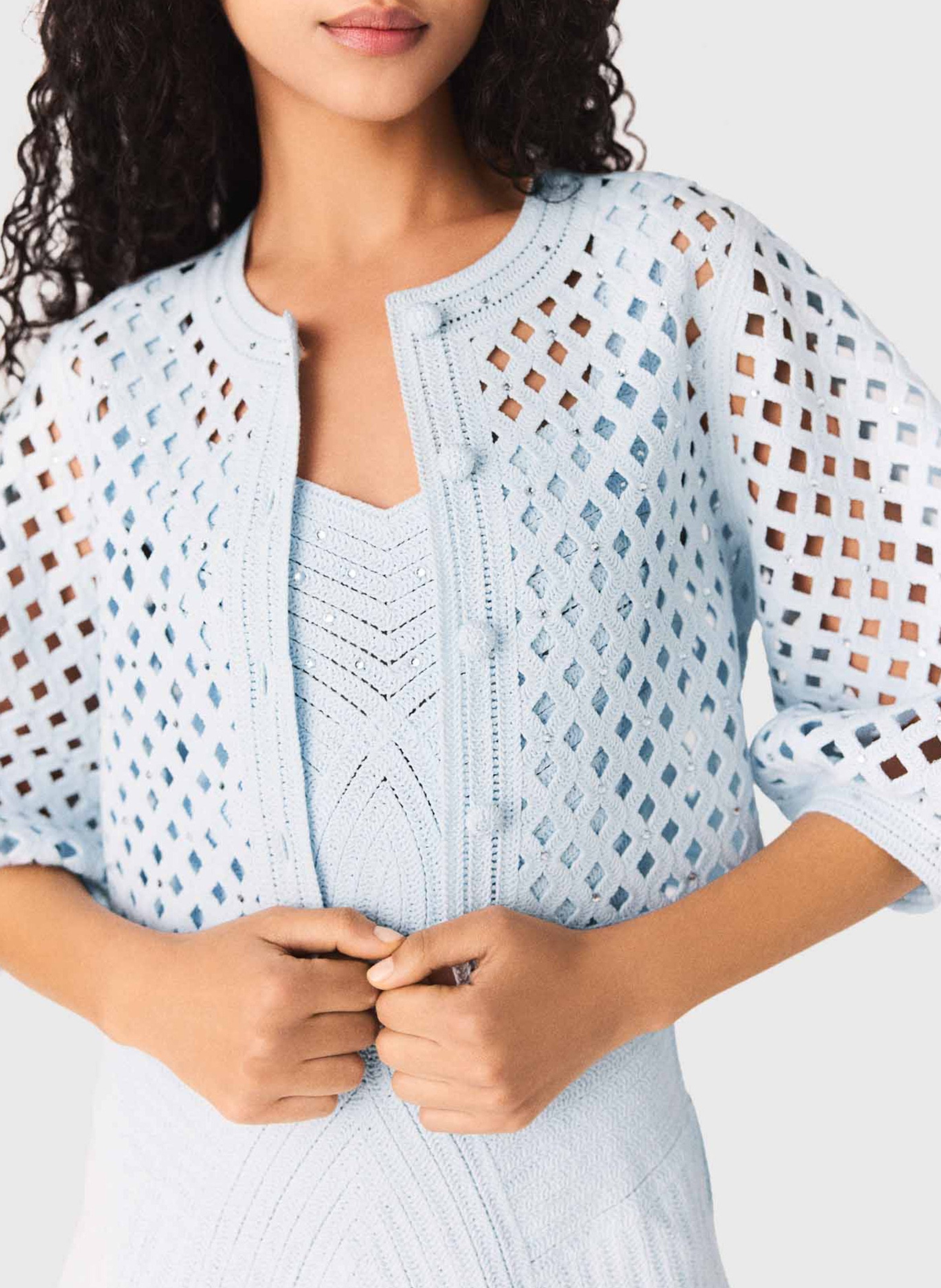 Gilet droit col rond en maille ajourée MAJE Bleu