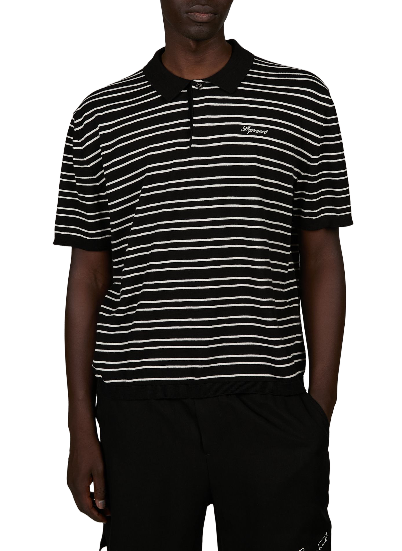 Striped polo in cotton and linen knit REPRESENT Black