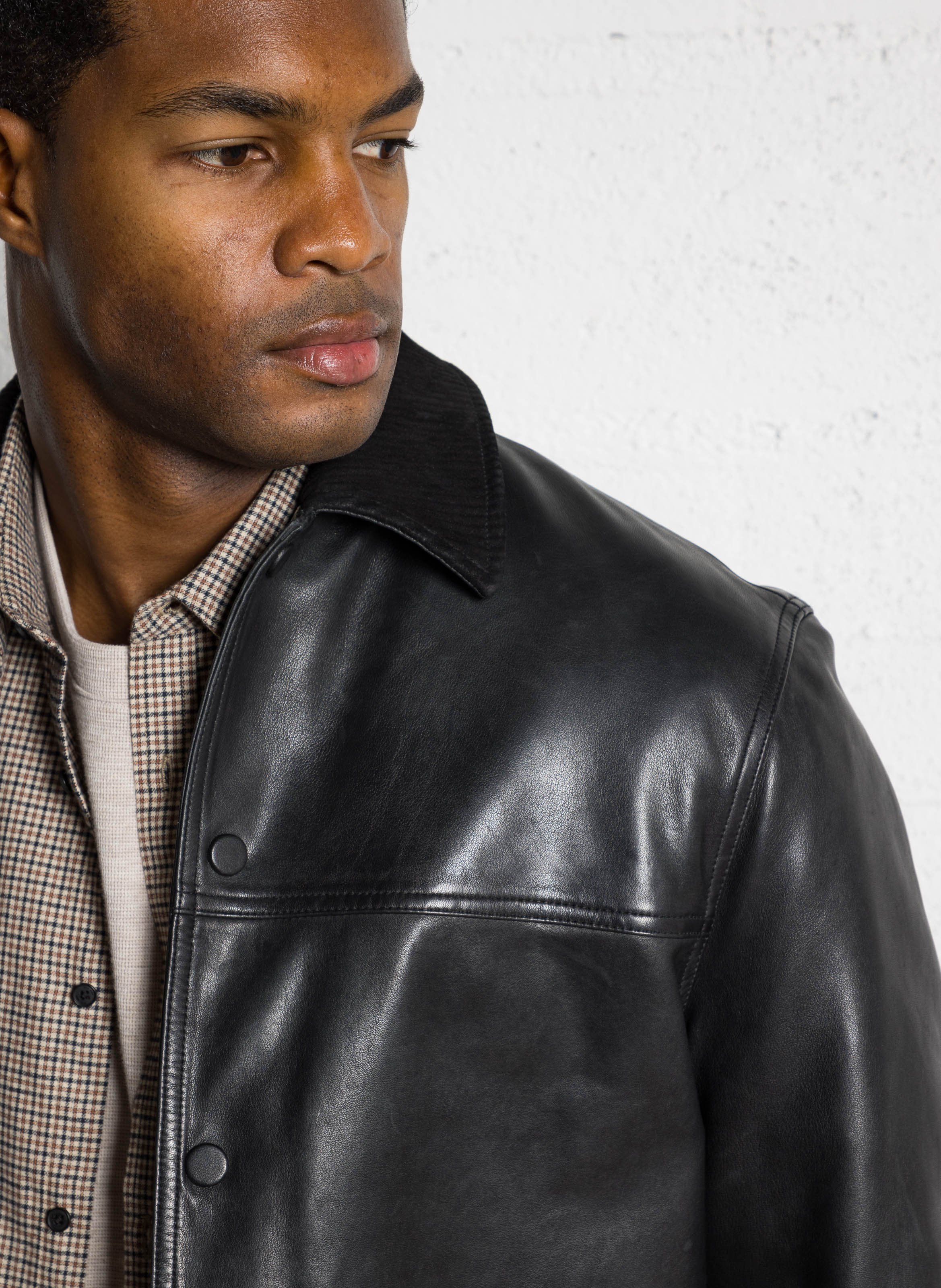 Blouson droit col classique en cuir Noir