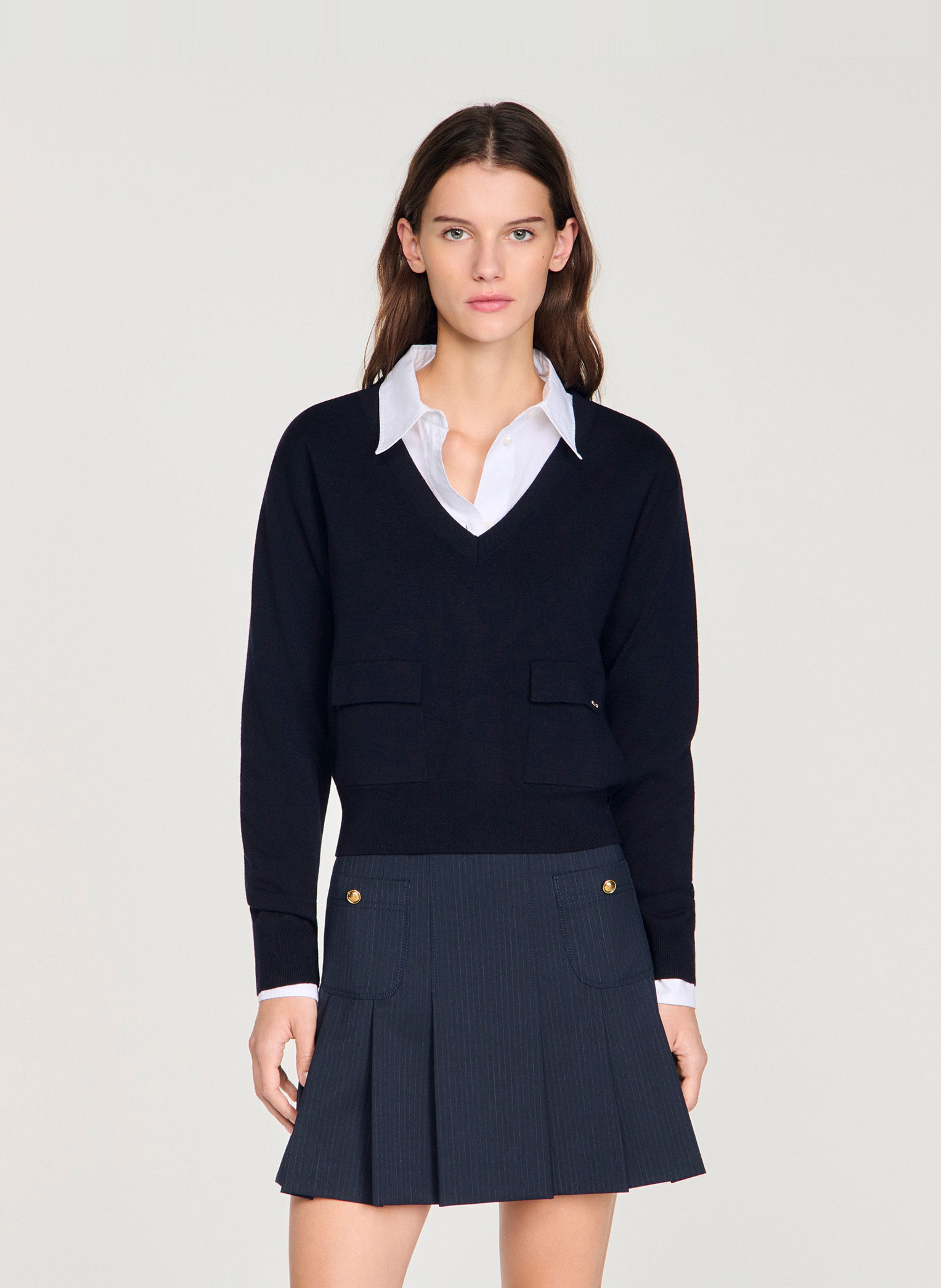 Pull col v en laine SANDRO Bleu